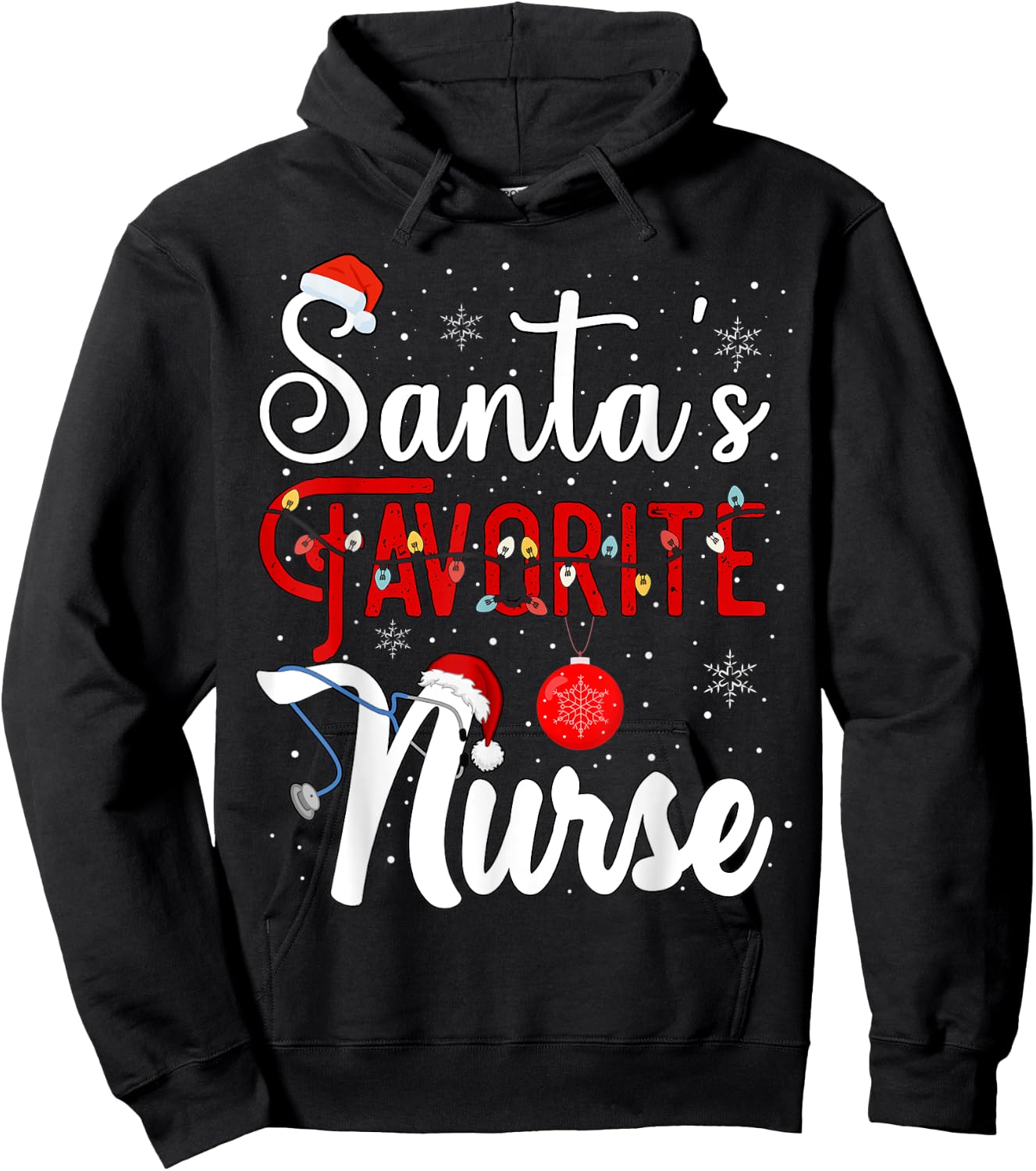 Santa's Favorite Nurse Christmas Pajama Lights Nursing Xmas Hoodie - Hoodie | Black