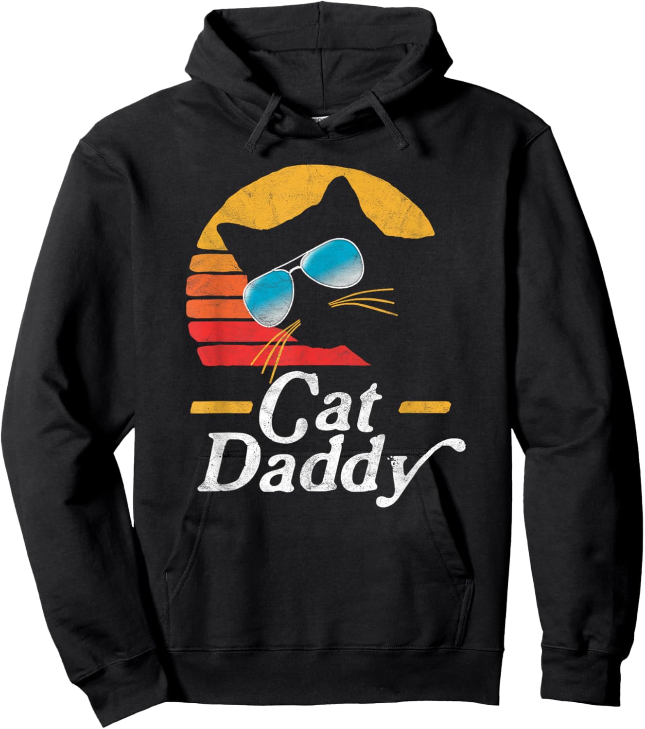 Cat Daddy Vintage 80s Style Cat Retro Sunglasses Distressed Hoodie - Hoodie | Black