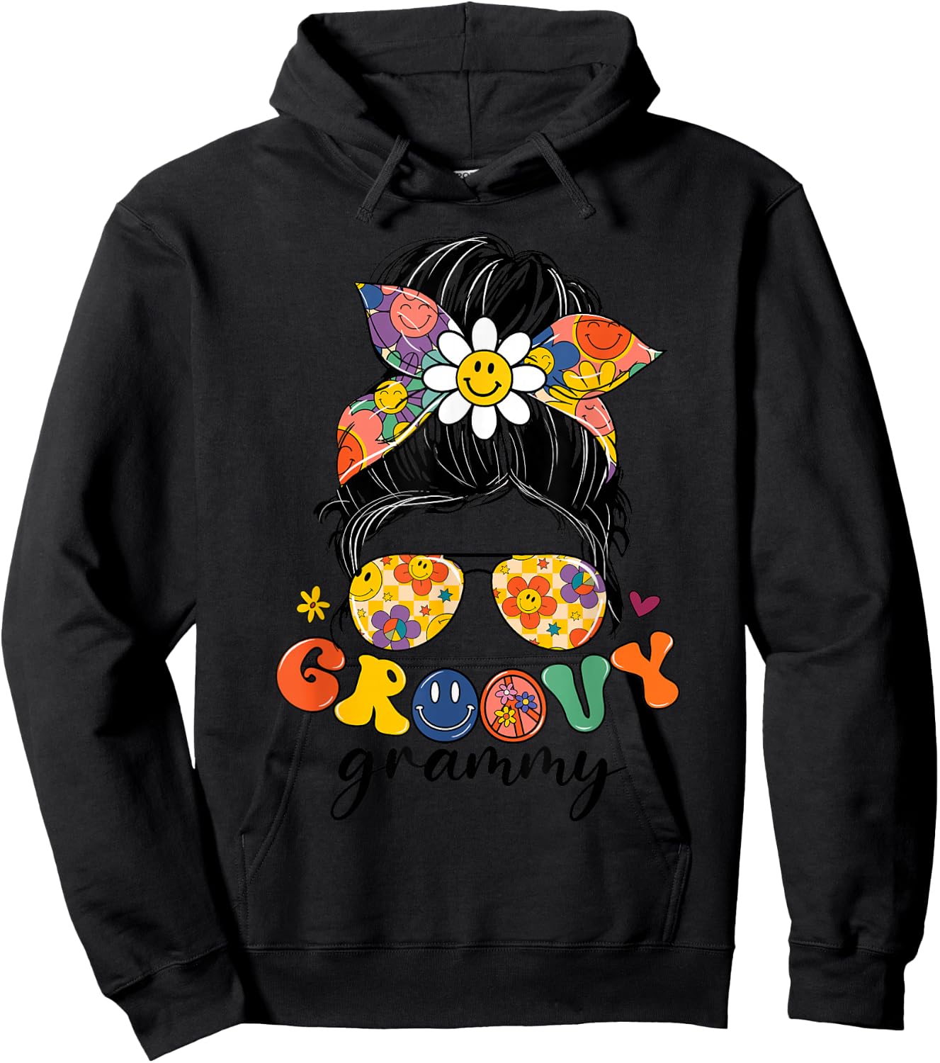 Groovy Grammy Messy Bun Women Mother's Day Grammy Gifts Hoodie - Hoodie | Black