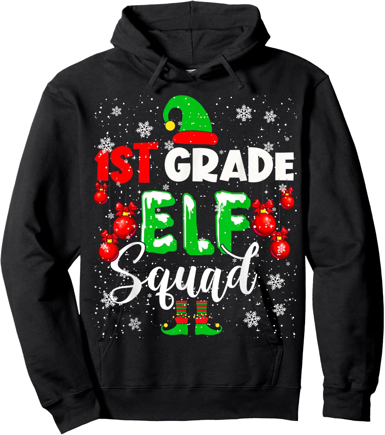 1st Grade ELF Squad Funny Christmas ELF Kids Teacher Group Hoodie - Hoodie | Black