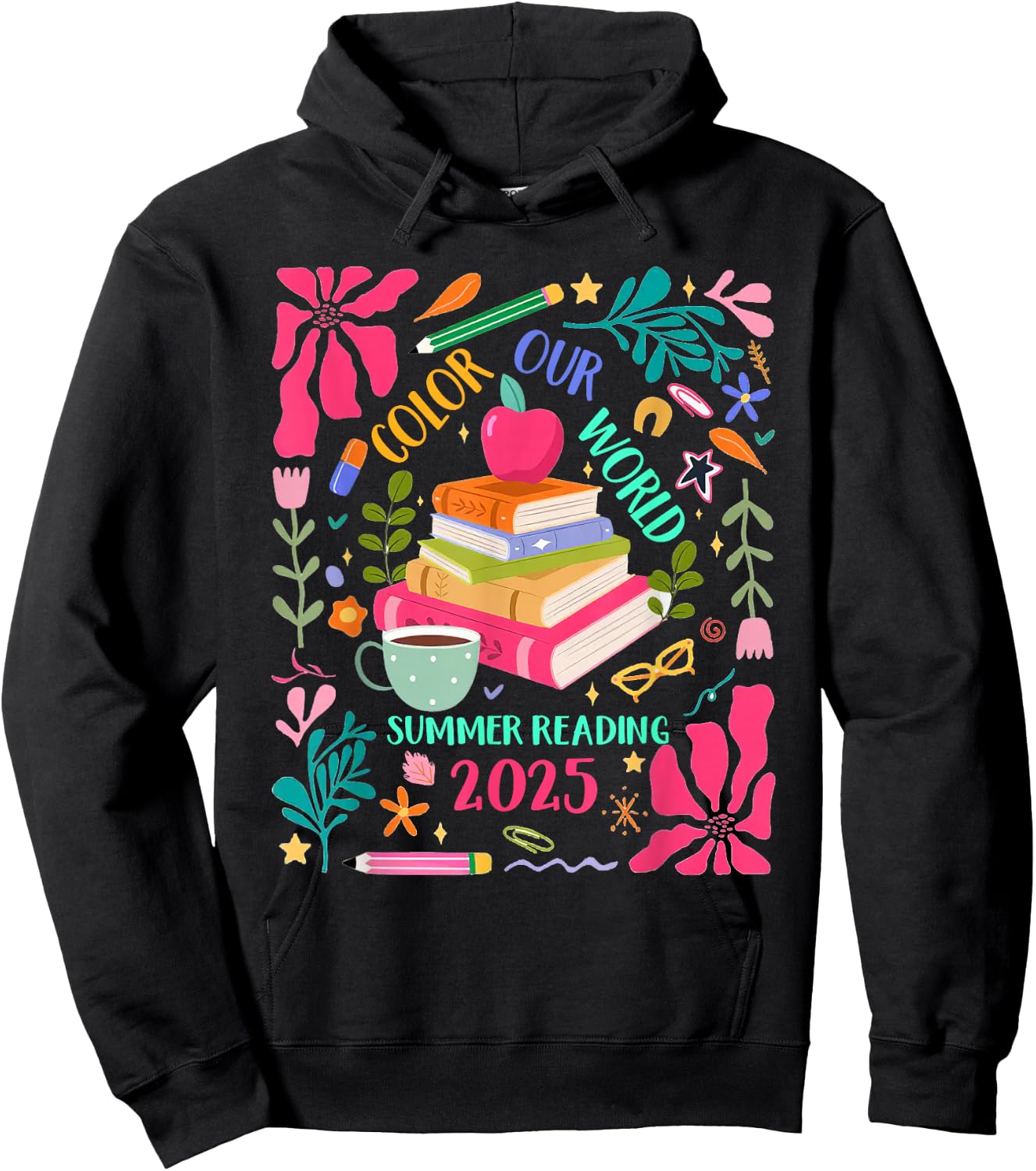 Color Our World Summer Reading 2025 Boho Wildflower Book Hoodie - Hoodie | Black