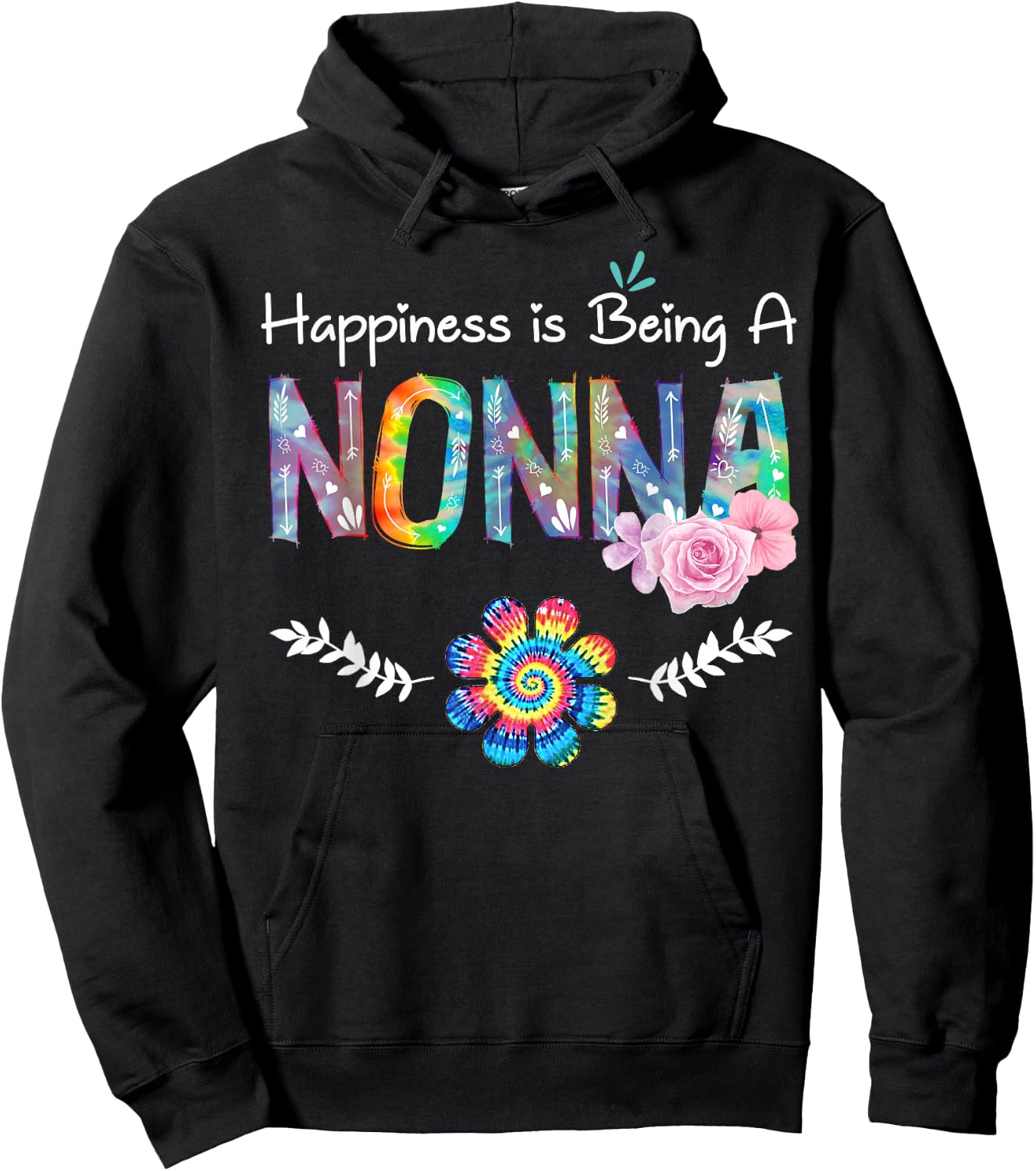 Happiness Is Being Nonna Flower Tie Dye Mother's Day Hoodie - Hoodie | Black