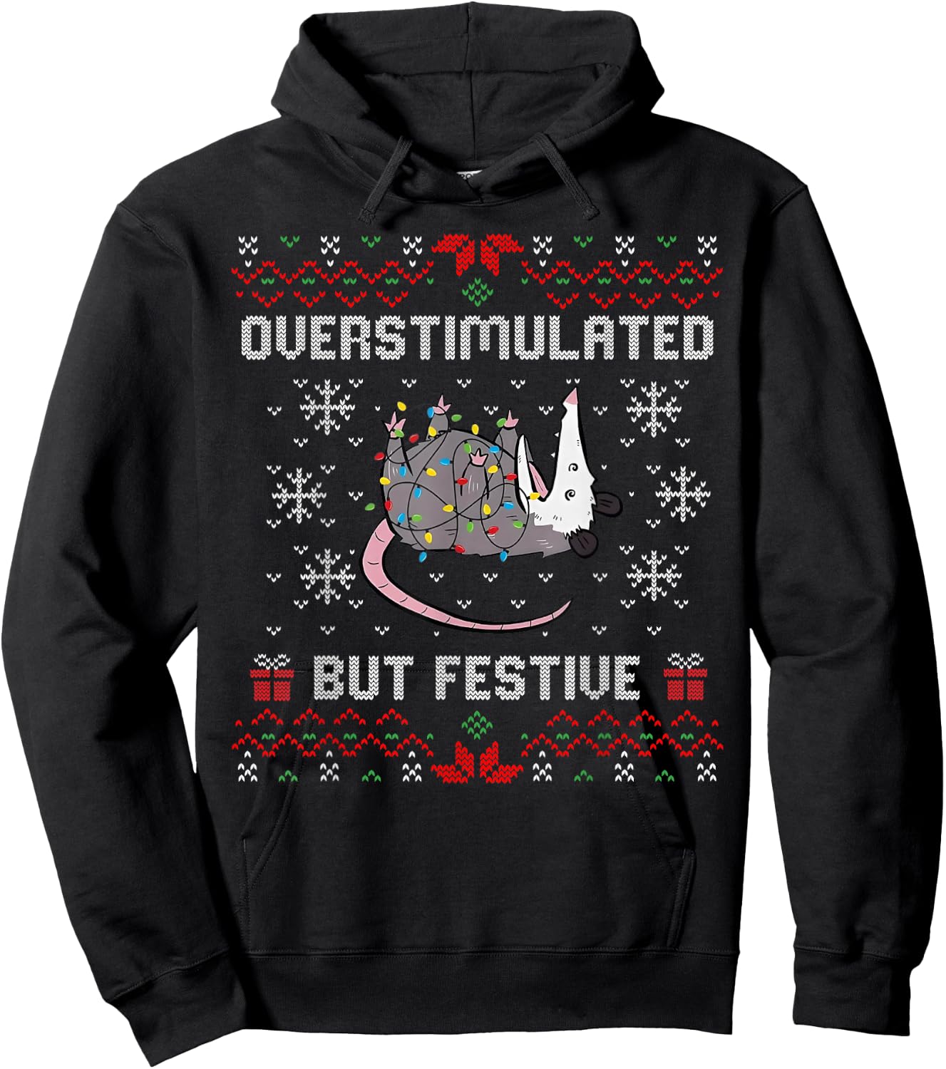 Overstimulated But Festive Possum Christmas Ugly Hoodie - Hoodie | Black