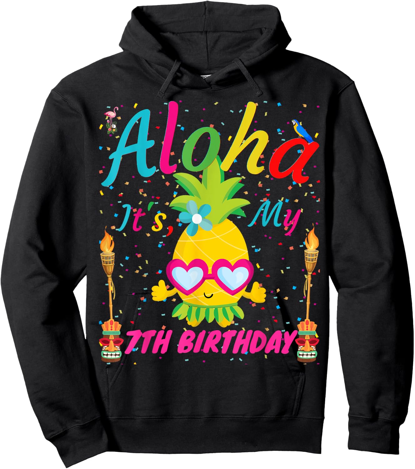 Aloha It's My 7th Birthday Hawaii Girls Sunglass Pineapple Hoodie - Hoodie | Black