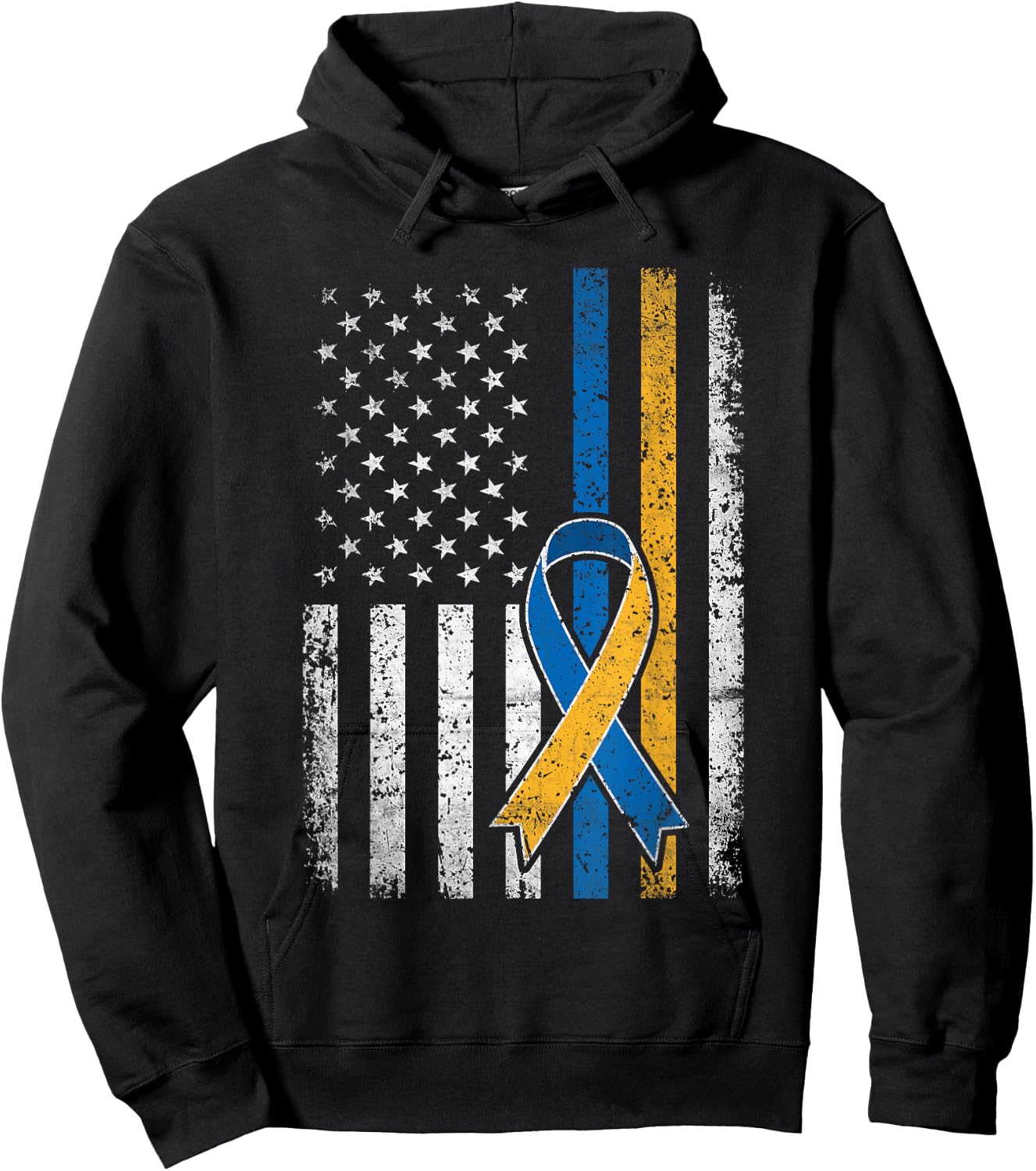 Down Syndrome Shirt USA Flag Retro Blue and Yellow Ribbon Hoodie - Hoodie | Black
