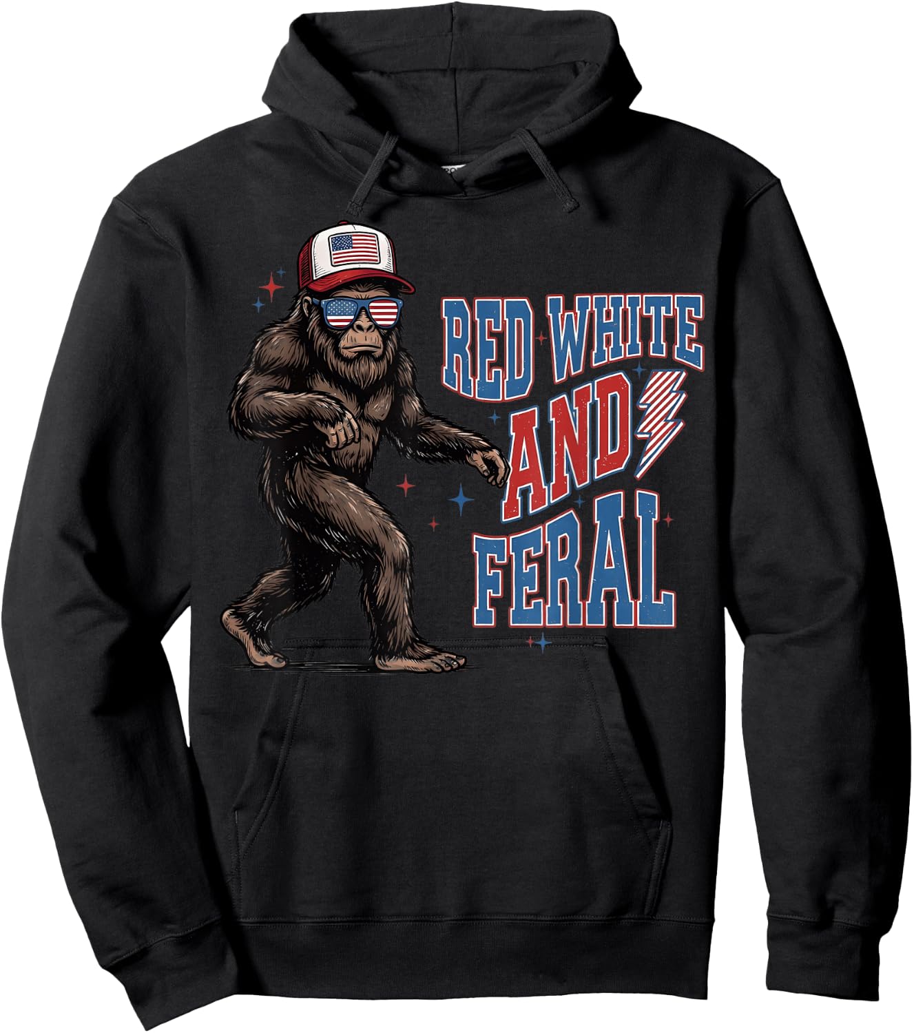 Red White and Feral Bigfoot 4th of July USA American Pride Hoodie - Hoodie | Black