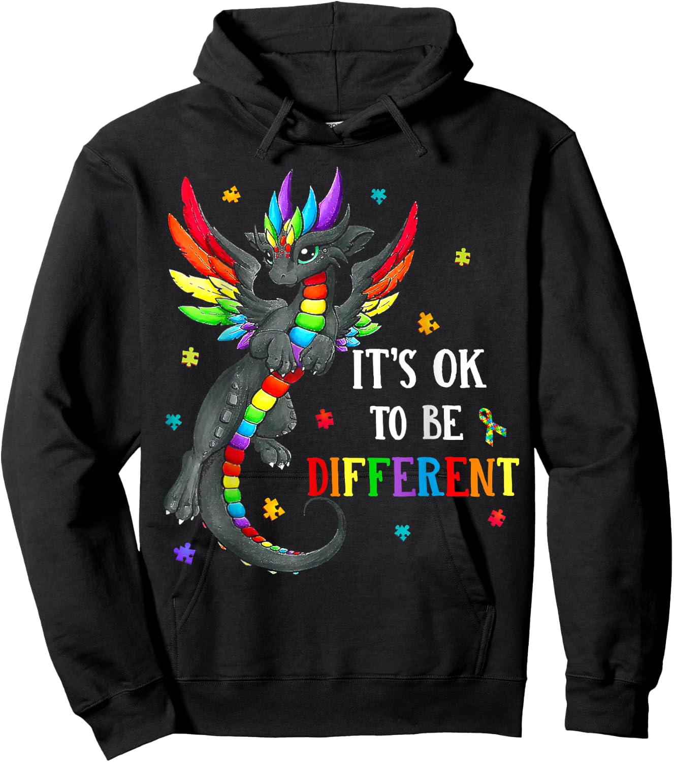 Autism Awareness Day Dragon Gift, It's Ok To Be Different Hoodie - Hoodie | Black