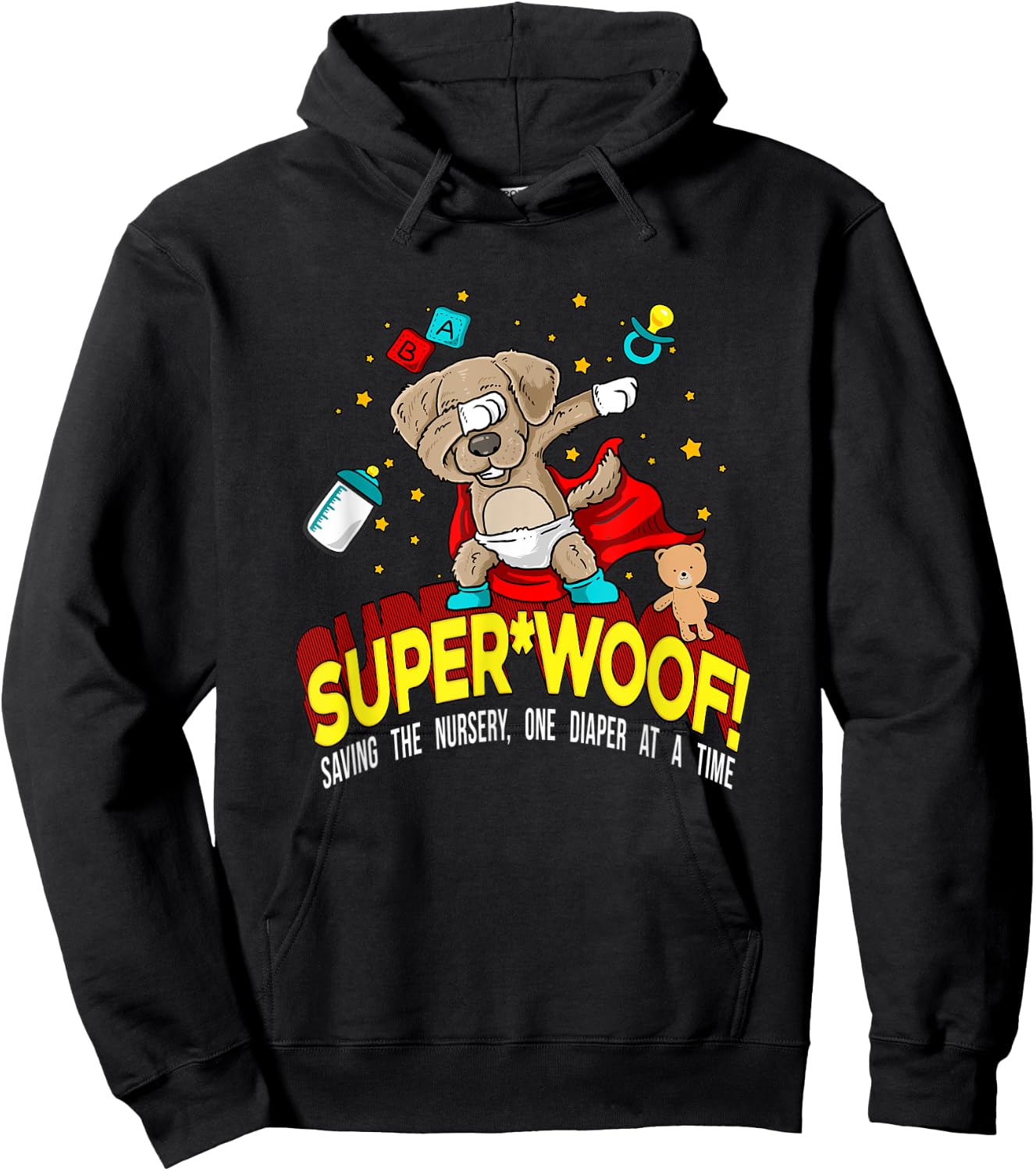 SUPER WOOF Diaper Pup Superhero Parody Hoodie - Hoodie | Black