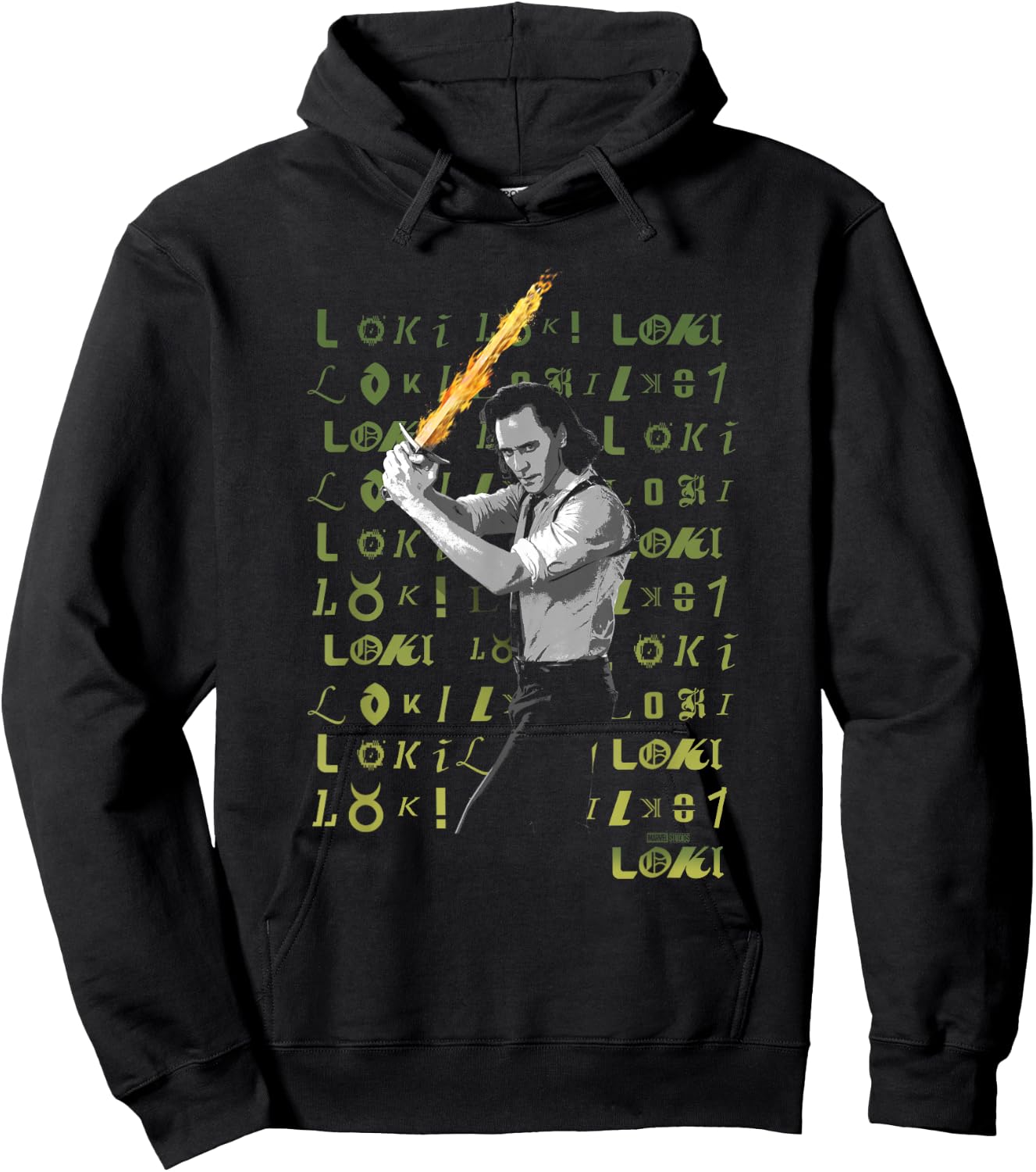 Marvel Loki Flaming Sword Loki Logo Text Spill Hoodie - Hoodie | Black