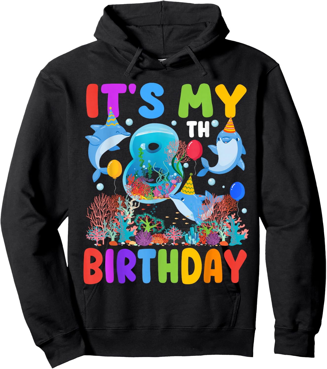 It's My 8th Birthday Dolphin Sea Animal Party 8 Year Old Hoodie - Hoodie | Black