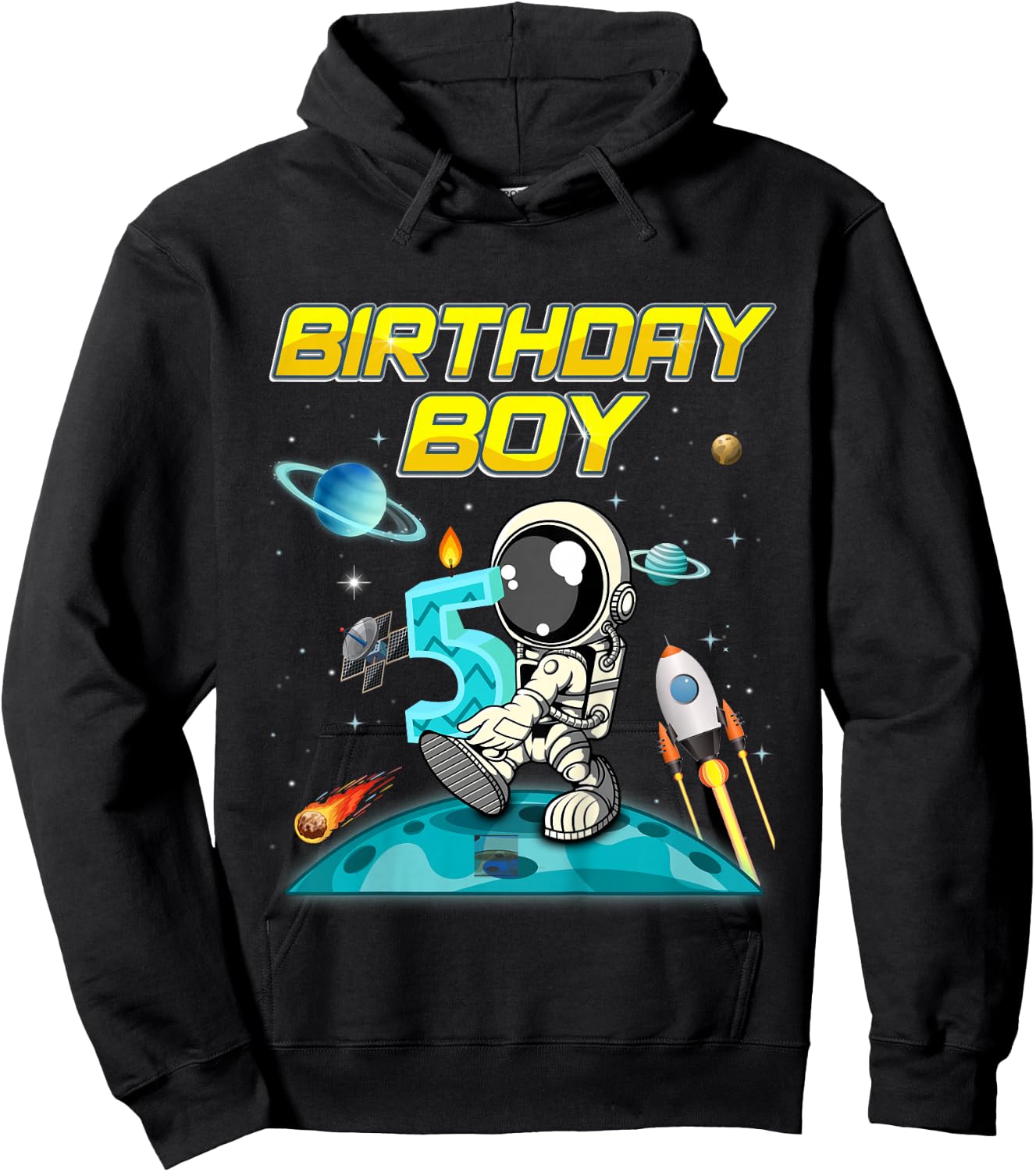 Kids 5 Year Old Outer Space Bday Boy Planets Astronaut 5th Gift Hoodie - Hoodie | Black