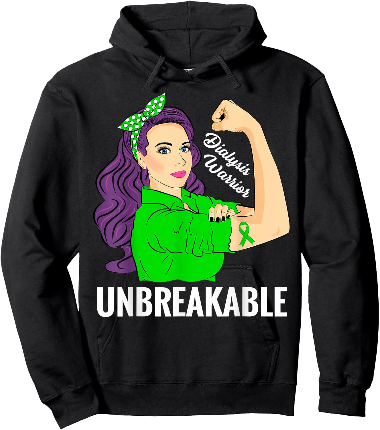 Dialysis Awareness Products Znovanna -Adult Green Cotton Polyester , Small, , Short Sleeve, Single Cuff, Kidney Awareness Hoodie - Hoodie | Black