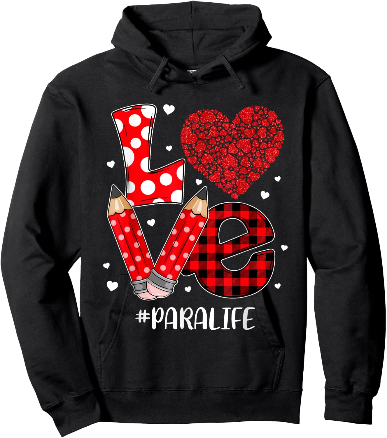 Funny Plaid Heart LOVE Para Life Valentine Day Christmas Hoodie - Hoodie | Black