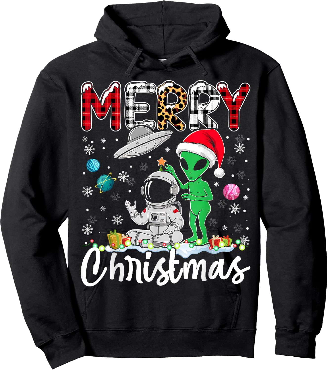 Alien Santa Astronaut UFO Christmas Snowflakes Xmas Hoodie - Hoodie | Black