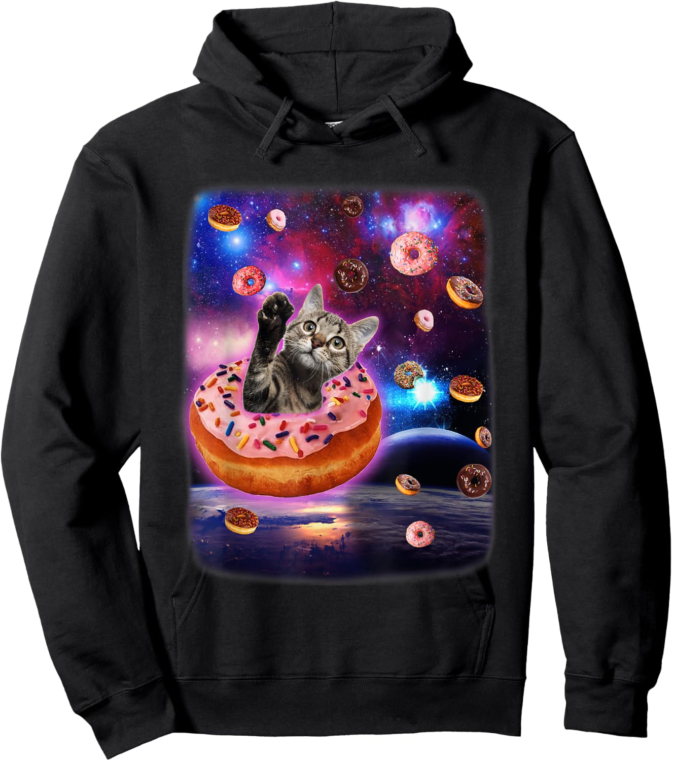 Cute Cat Inside Donut In Space Boy Girl Donut Kitty Galaxy Hoodie - Hoodie | Black