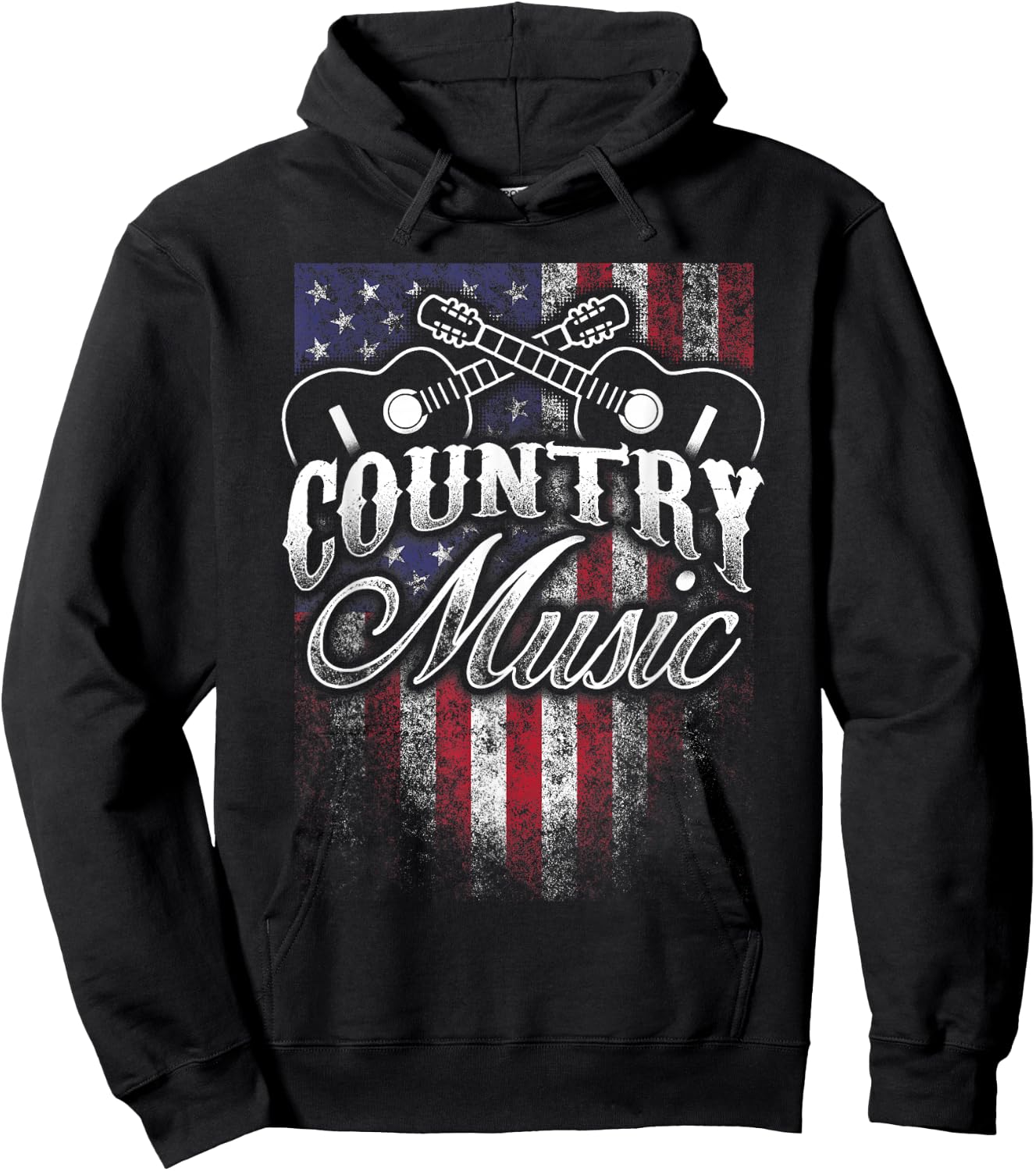 Country Music Guitar & American Flag Western Design Hoodie - Hoodie | Black