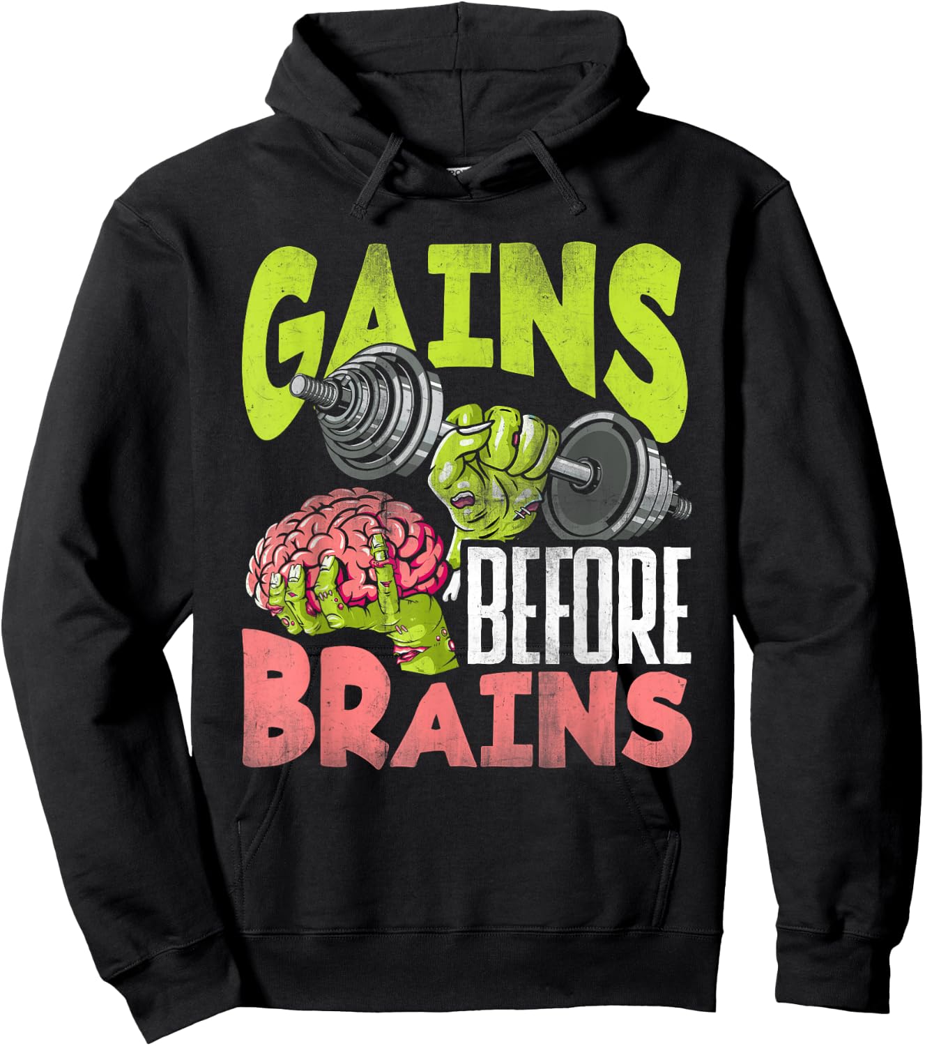 Halloween Workout Zombie Weightlifting Gains Before Brains Hoodie - Hoodie | Black
