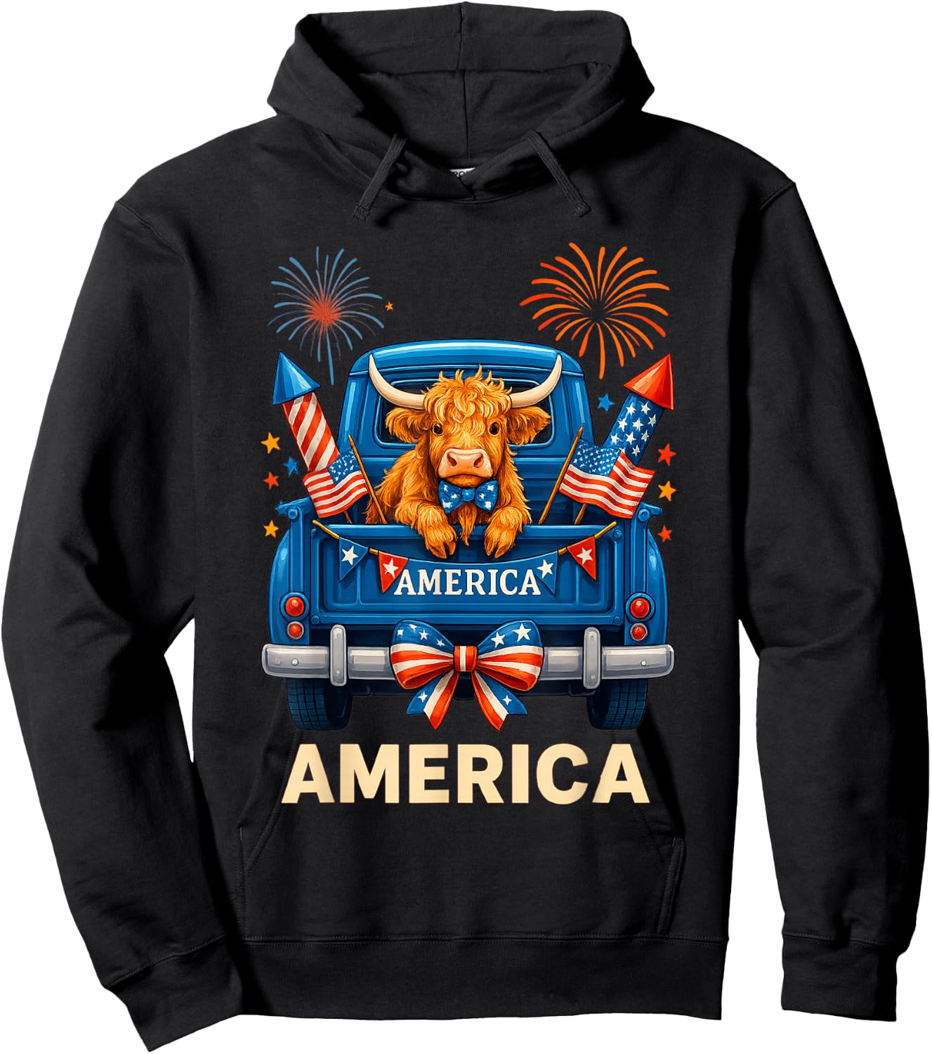 Patriotic Truck Highland Cow Cute 4th of July American Flag Hoodie - Hoodie | Black