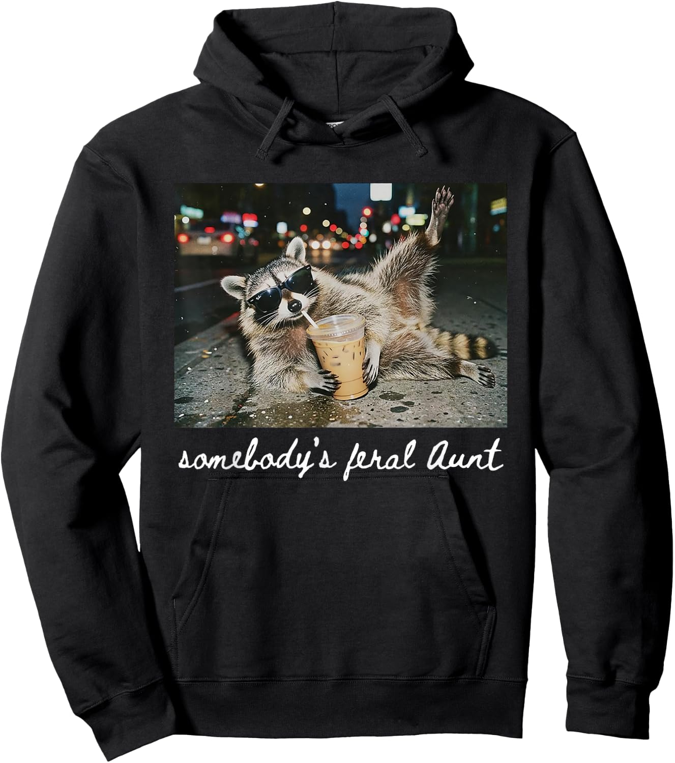 Somebody's Feral Aunt Funny Raccoon Drinking Coffee Hoodie - Hoodie | Black