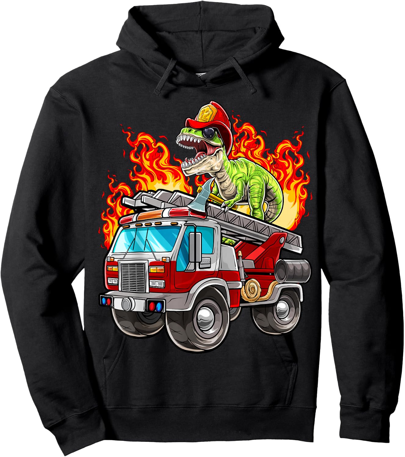 Fireman T Rex Dinosaur Firefighter Hat and Firetruck Boys Hoodie - Hoodie | Black