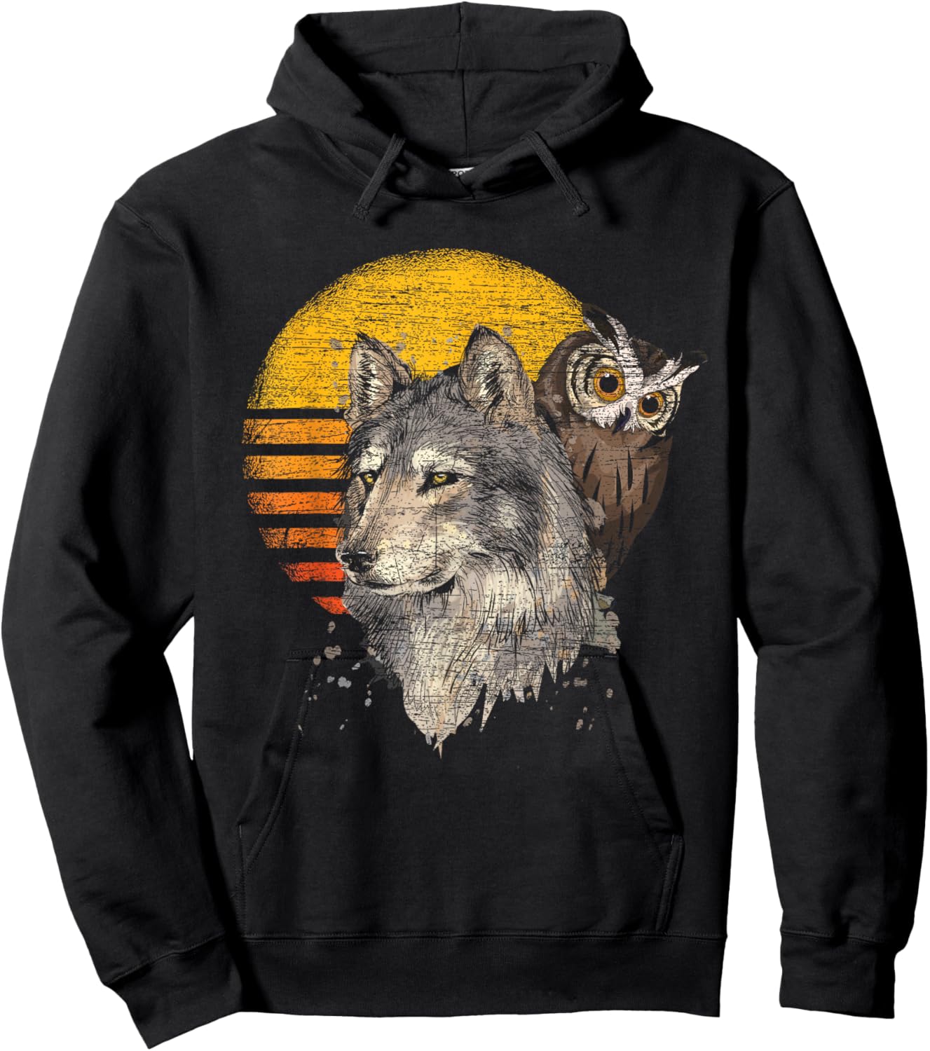 Forest Predator Ornithologist Gift Retro Wolf Owl Hoodie - Hoodie | Black