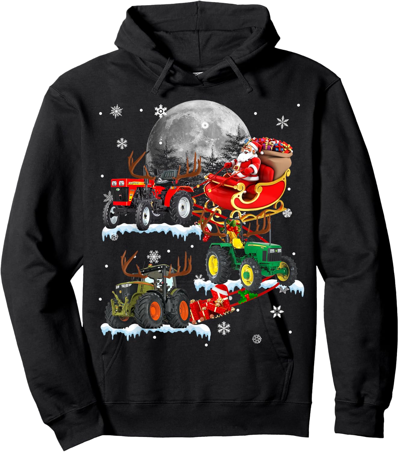 Santa Claus Riding Tractor Sleigh Christmas Tractor Driver Hoodie - Hoodie | Black