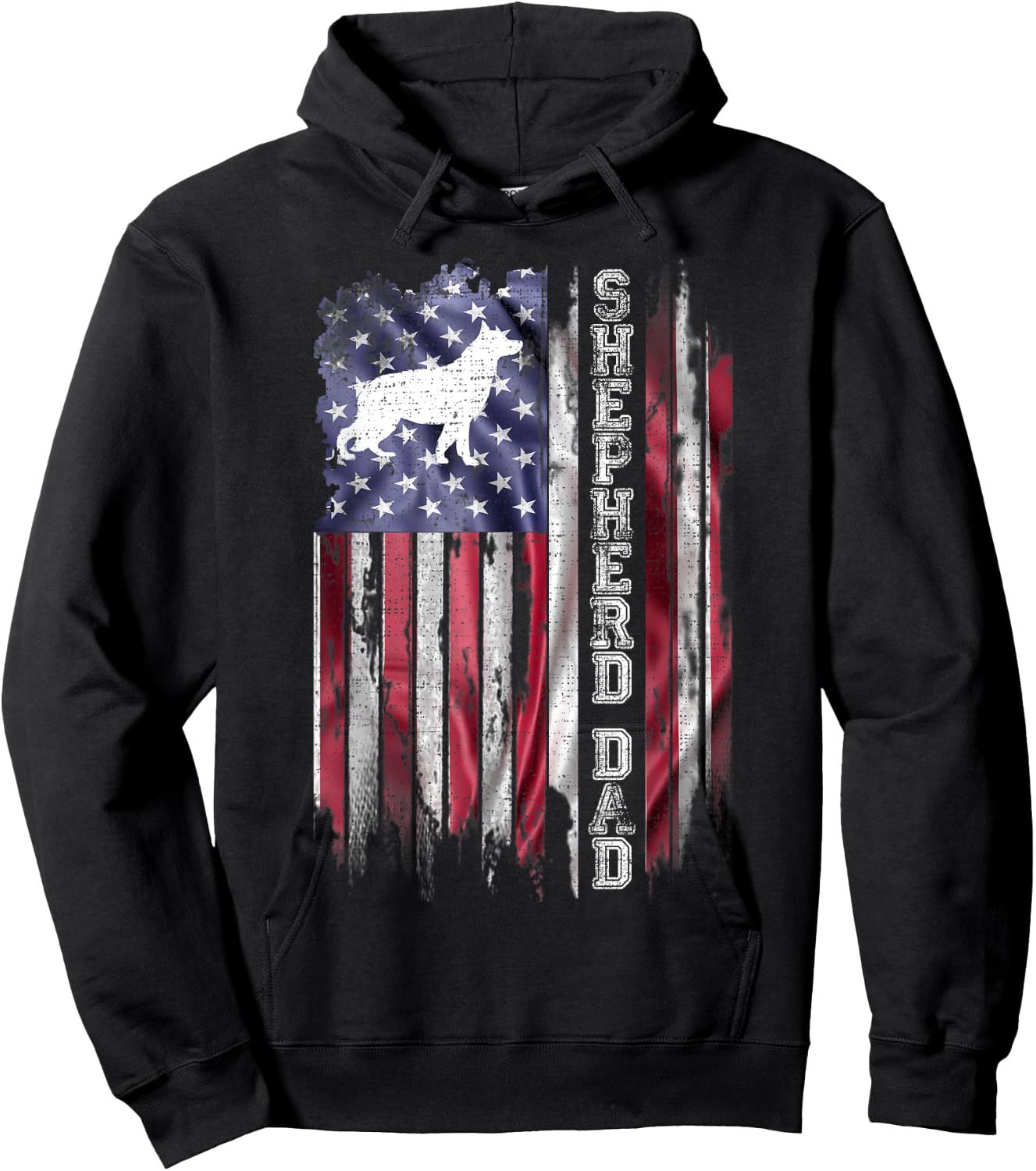 Vintage American Flag Proud German Shepherd Dad Silhouette Hoodie - Hoodie | Black