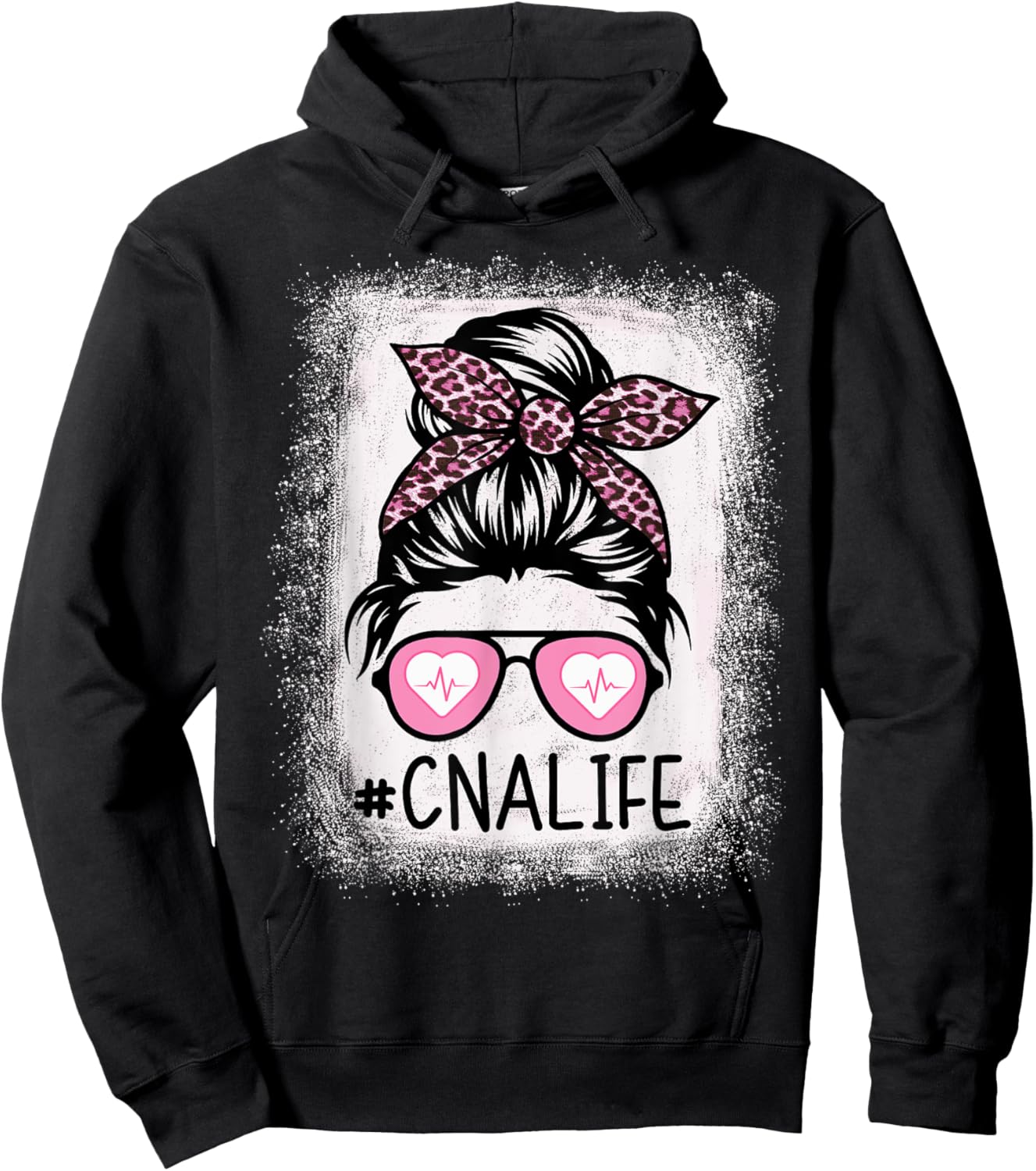 CNA Nurse Life Bleached Shirts Pink Leopard Messy Bun Hoodie - Hoodie | Black