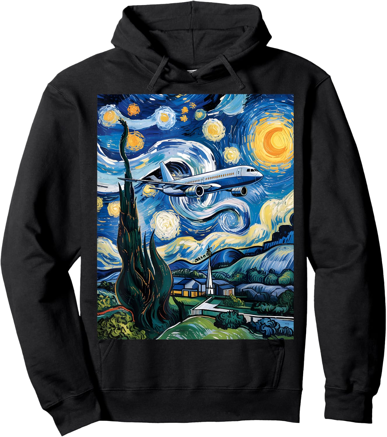 Airplane Starry Night Van Gogh Graphic Aviation Plane Pilot Hoodie - Hoodie | Black