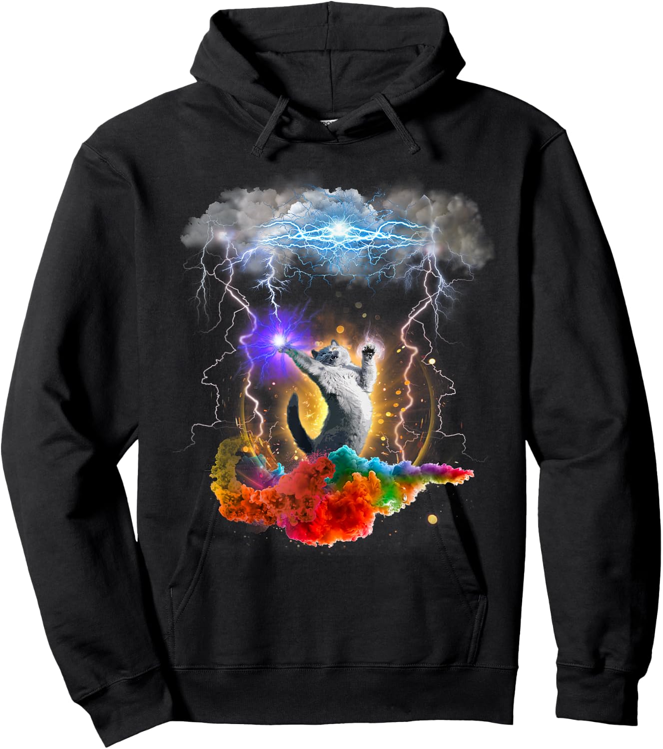 Crazy Space Cat Lightning Rainbow Men Women Kids Hoodie - Hoodie | Black