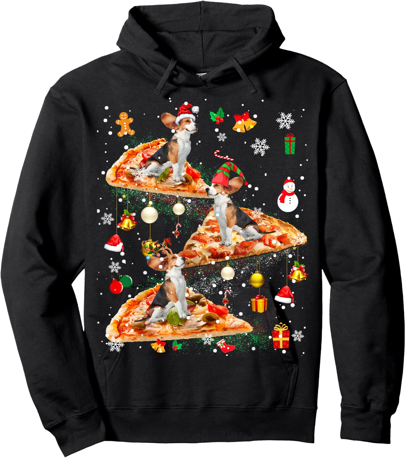 Santa Reindeer Elf Beagle Riding Pizza Galaxy Ornaments Hoodie - Hoodie | Black