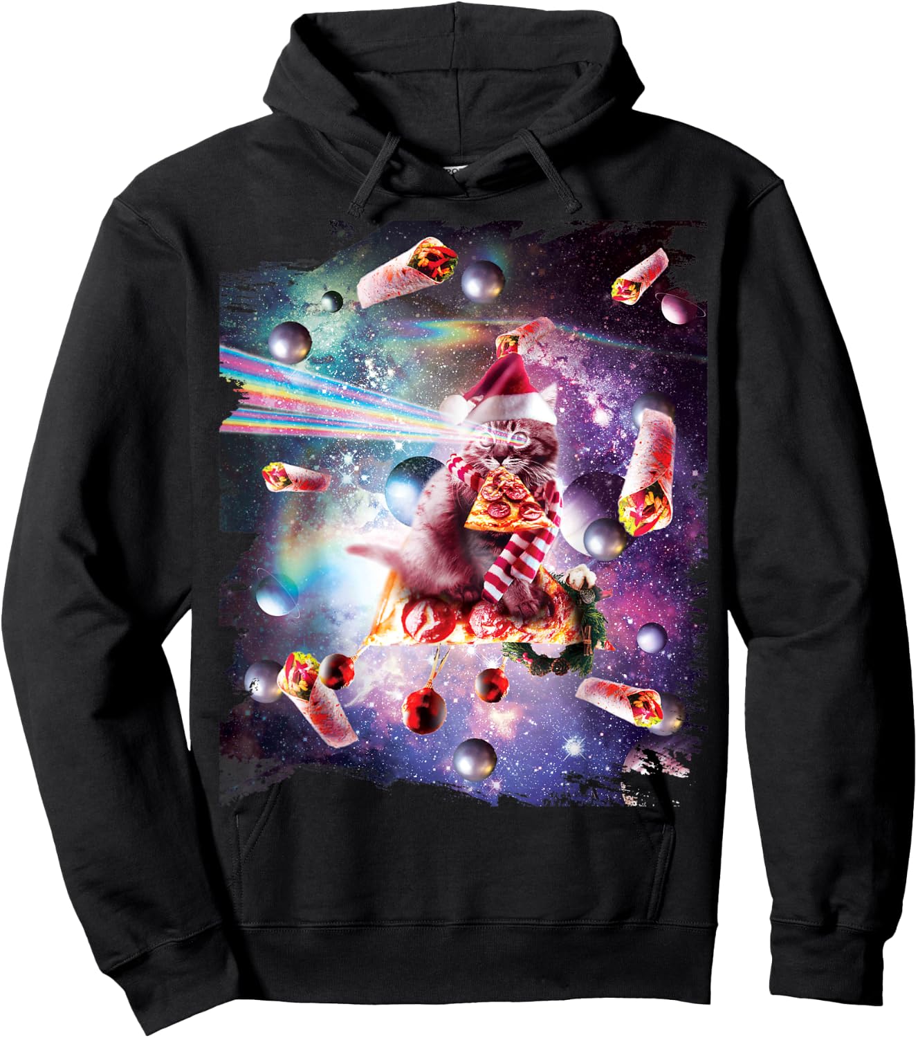 Christmas Space Cat Eating Pizza - Laser Eyes Xmas X-Mas Women Kids Hoodie - Hoodie | Black