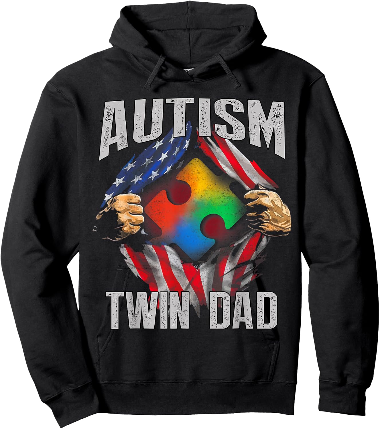Autism Twin Dad American Flag Autism Awareness Men Hoodie - Hoodie | Black