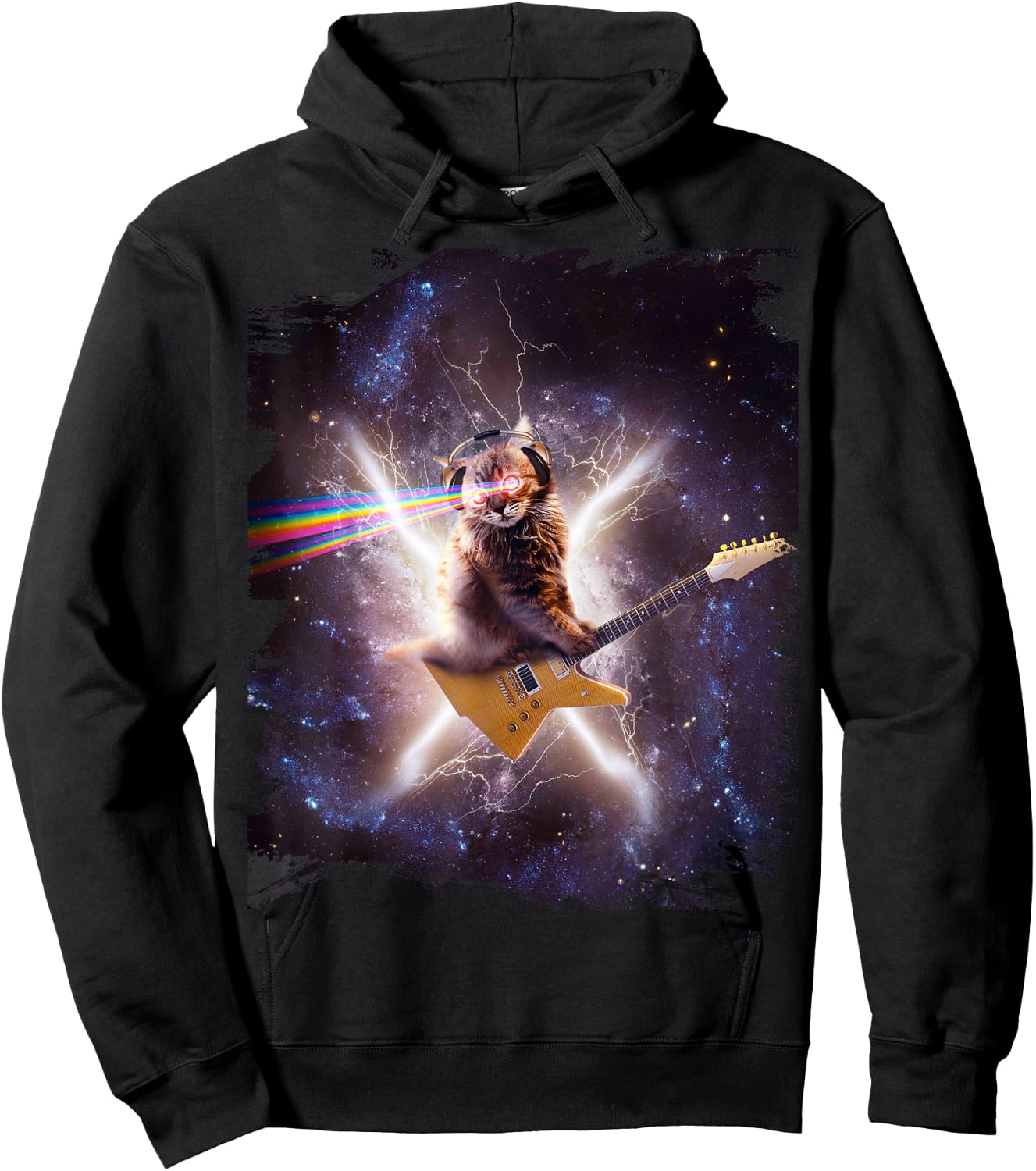 Laser Cat Riding Guitar In Outer Space Galaxy Lightning Hoodie - Hoodie | Black