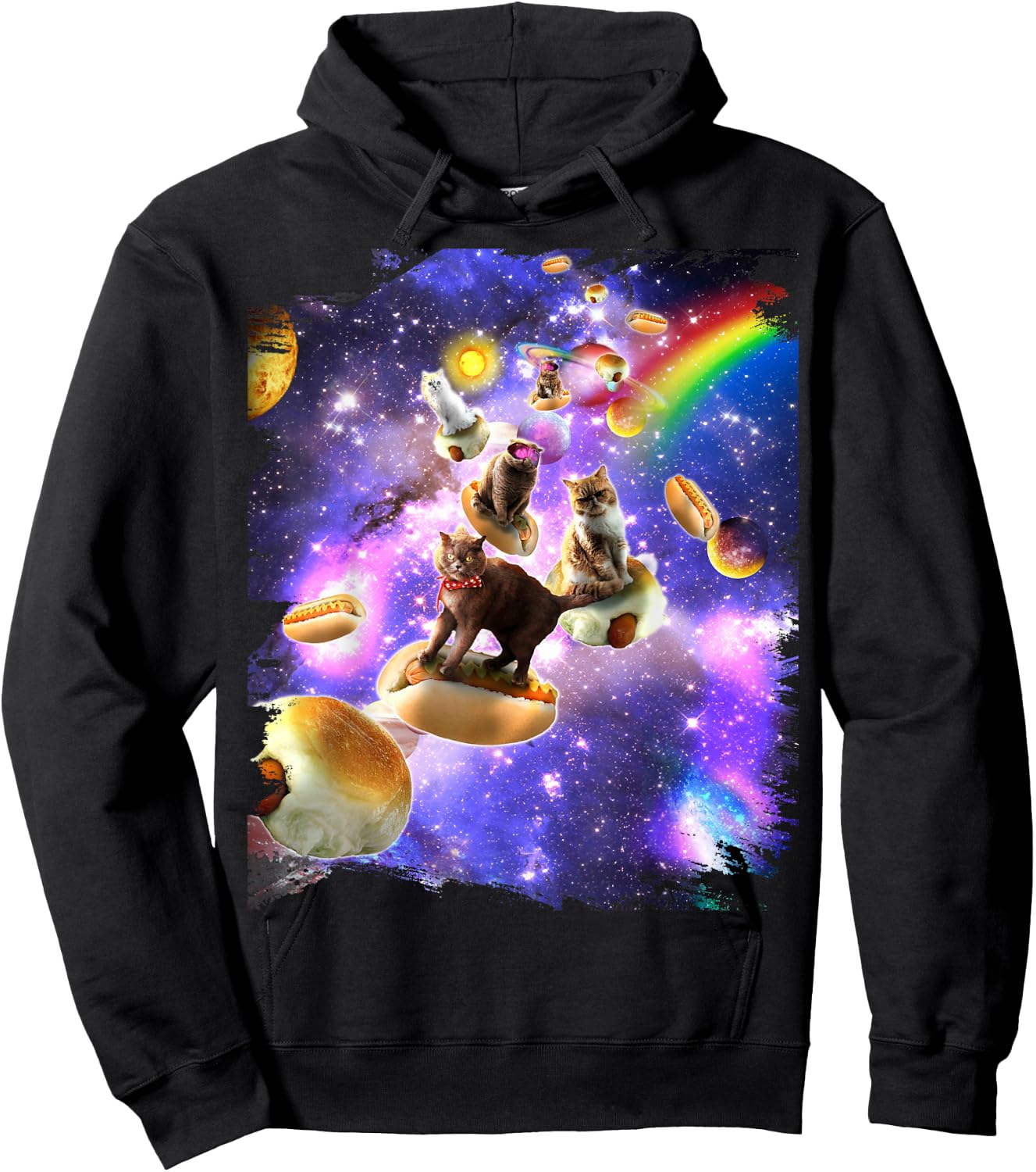 Space Cats Riding Hot Dogs Cat In Rainbow Galaxy Hoodie - Hoodie | Black