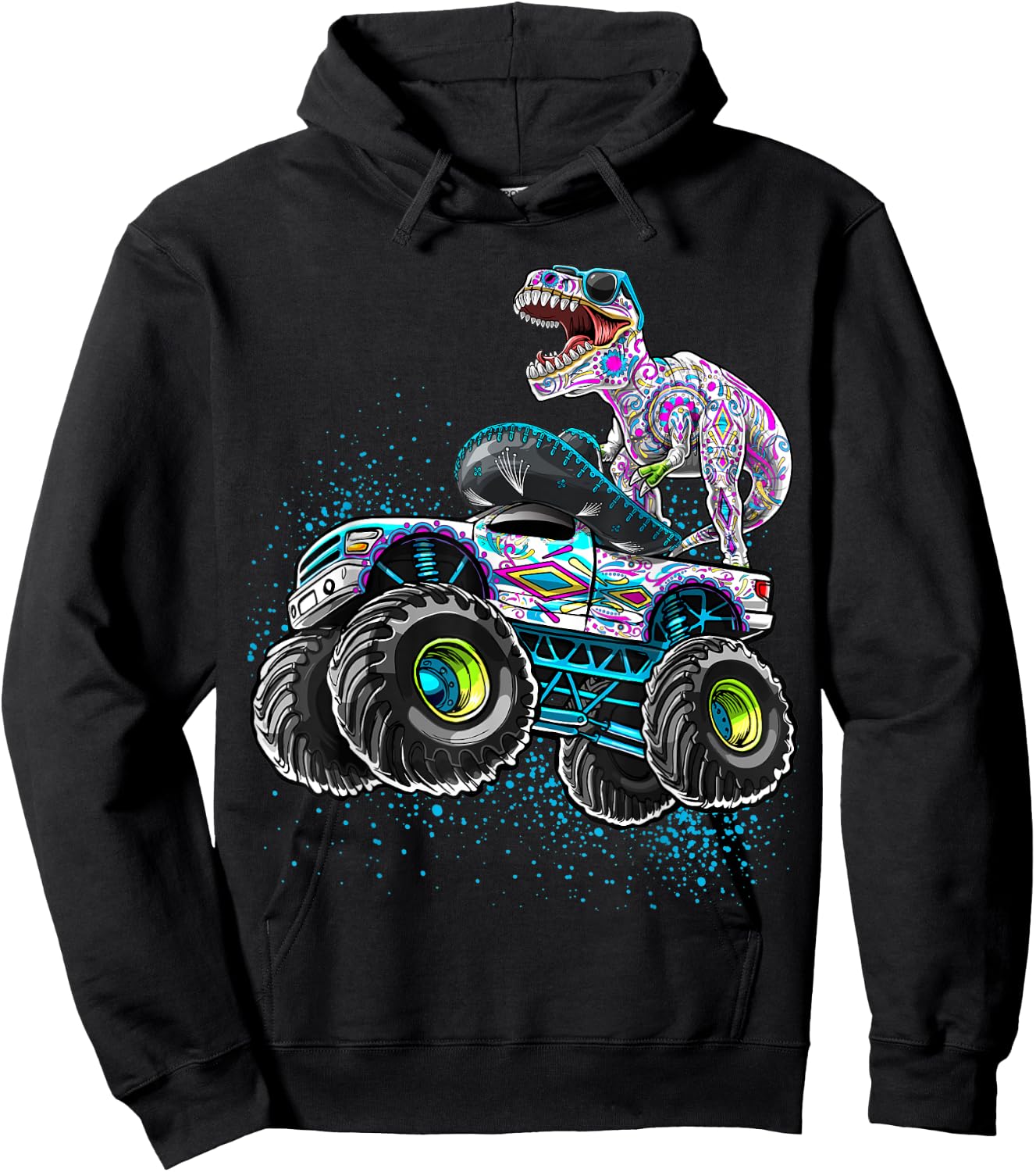 Day of the Dead Monster Truck Dinosaur Sugar Skull Boys Hoodie - Hoodie | Black