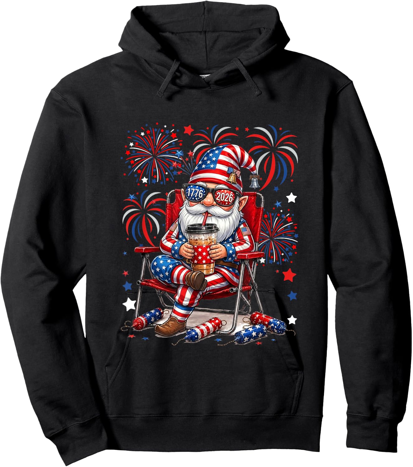 Gnome Sunglasses US Flag Drinking Coffee 4th July Patriotic Hoodie - Hoodie | Black