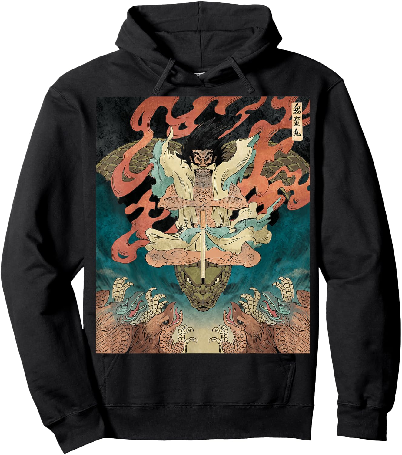 Japanese Vintage Artwork Tengu Gods Defeat Evil Snake Fan Hoodie - Hoodie | Black