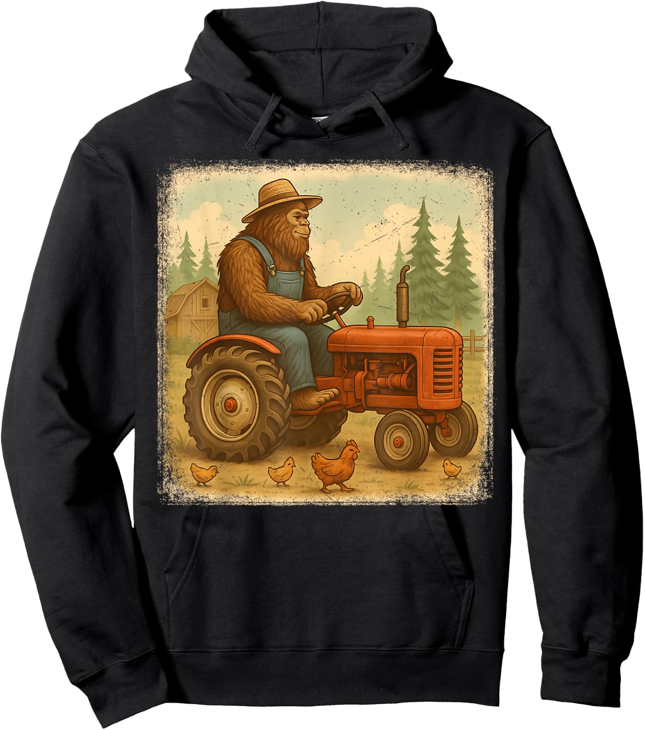 Bigfoot Driving Tractor Sasquatch Farmer Funny Farming Hoodie - Hoodie | Black