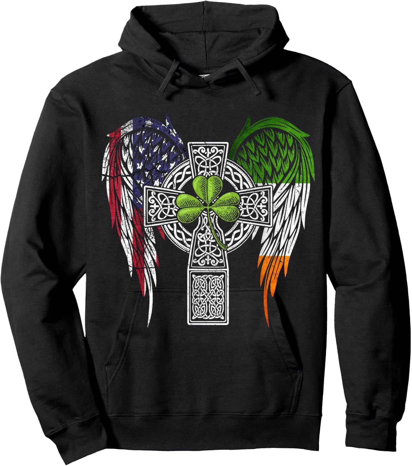 USA Flag Celtic Cross Irish American St Patrick's Day Hoodie - Hoodie | Black