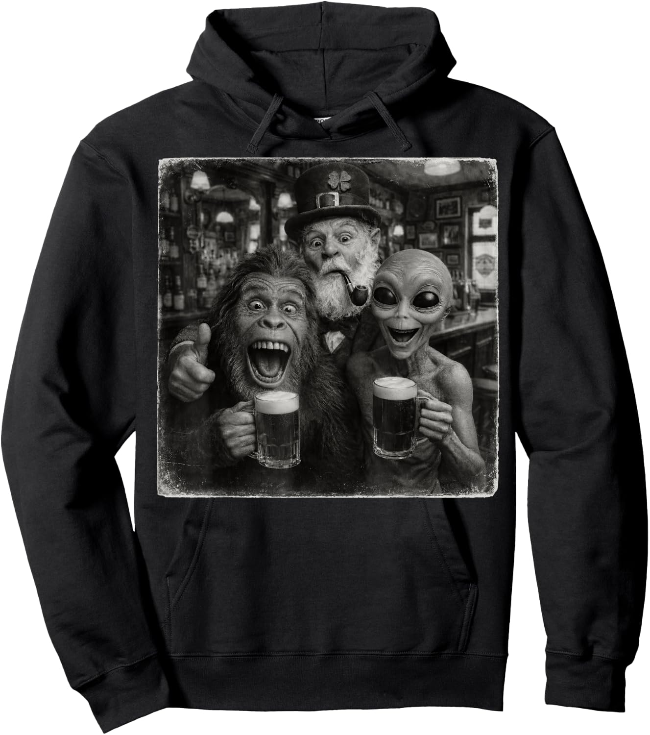 Alien Bigfoot Leprechaun Funny Selfie Squad Memes st Patrick Hoodie - Hoodie | Black