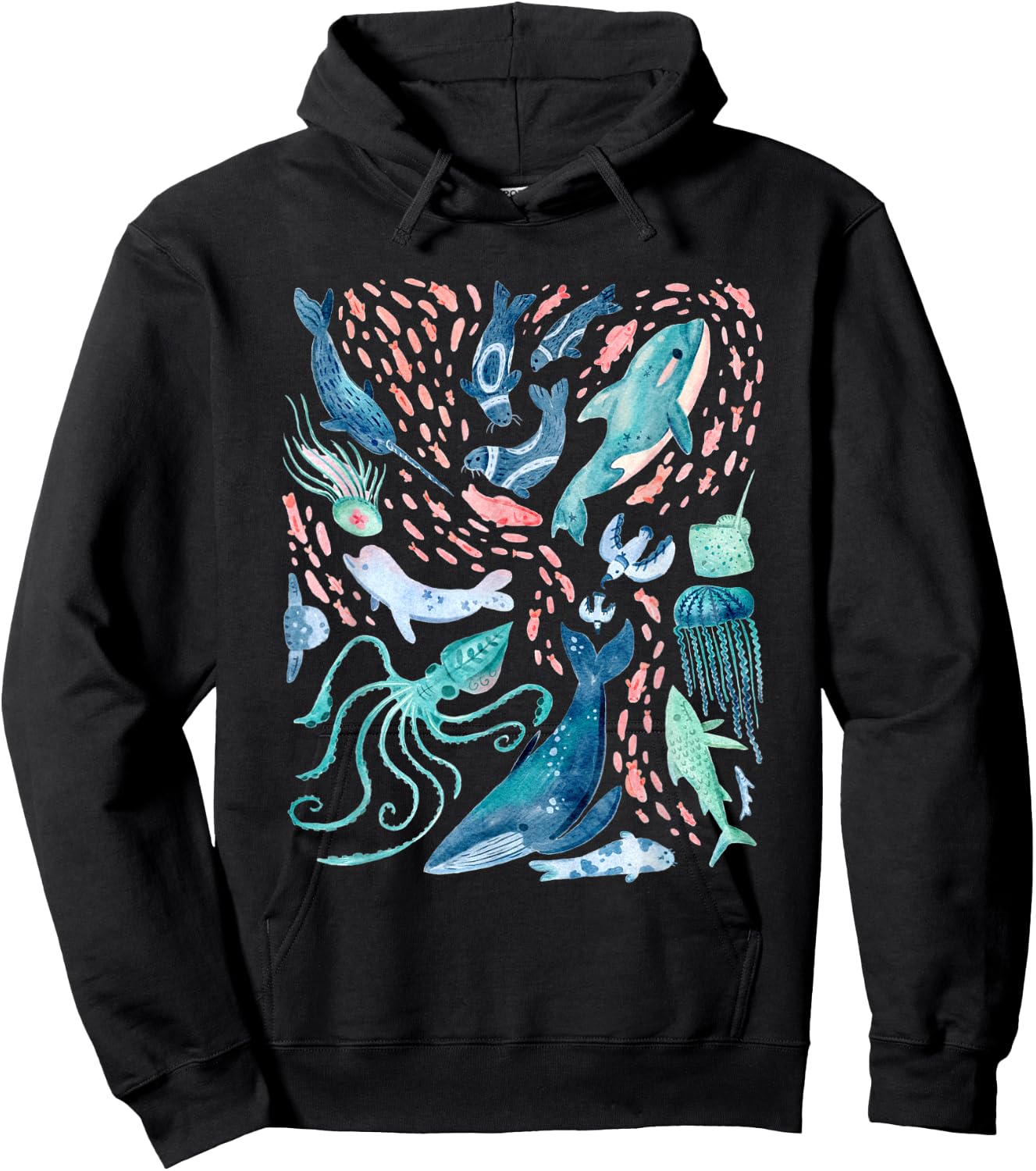 Watercolor Arctic Whales Fish Beluga Narwhal Squid Jellyfish Hoodie - Hoodie | Black