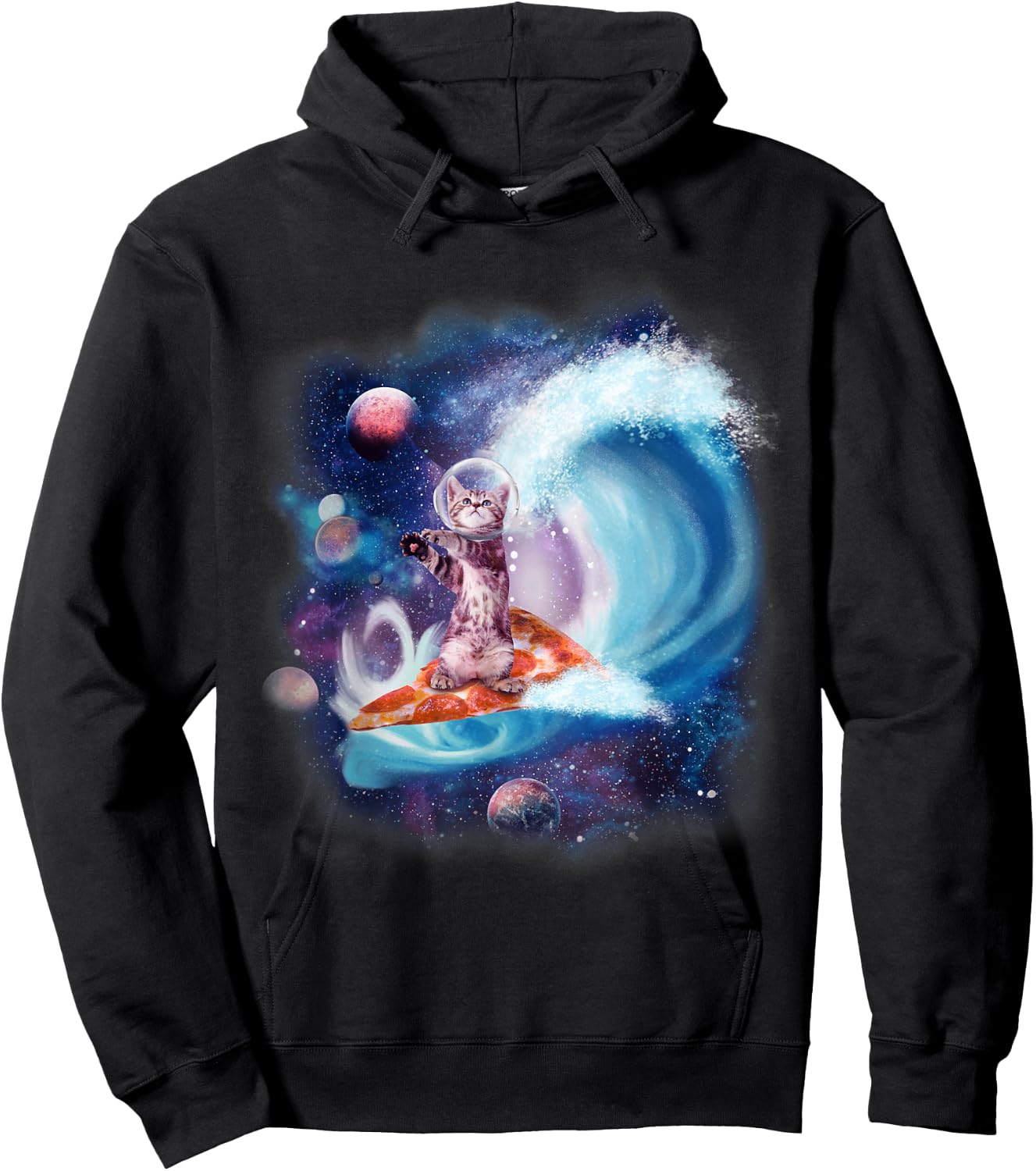 Cat Wearing Helmet Surfing On Pizza Surfboard Funny Men Women Kids Hoodie - Hoodie | Black