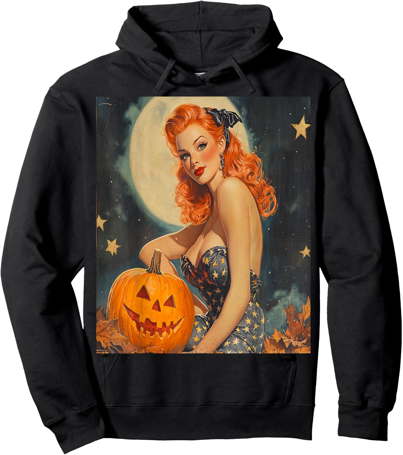 Retro Vintage Pumpkin Halloween Pinup Girl Model Posing Art Hoodie - Hoodie | Black