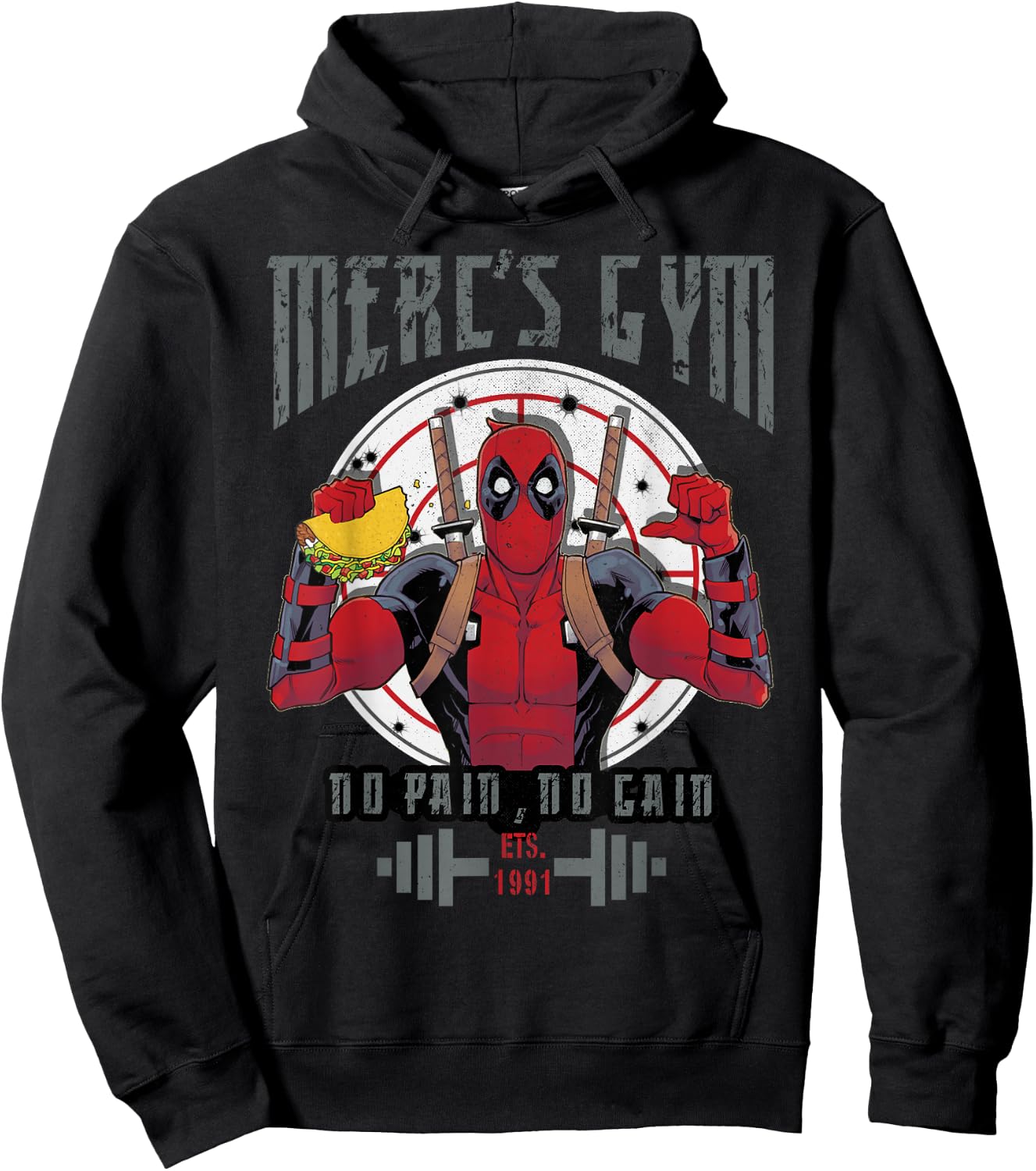 Marvel Deadpool Merc's Gym No Pain No Gain Hoodie - Hoodie | Black