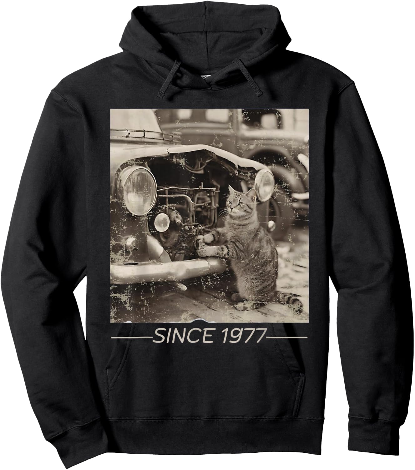 Cat Repairing a Car Vintage Car Mechanic Cat Lovers Hoodie - Hoodie | Black