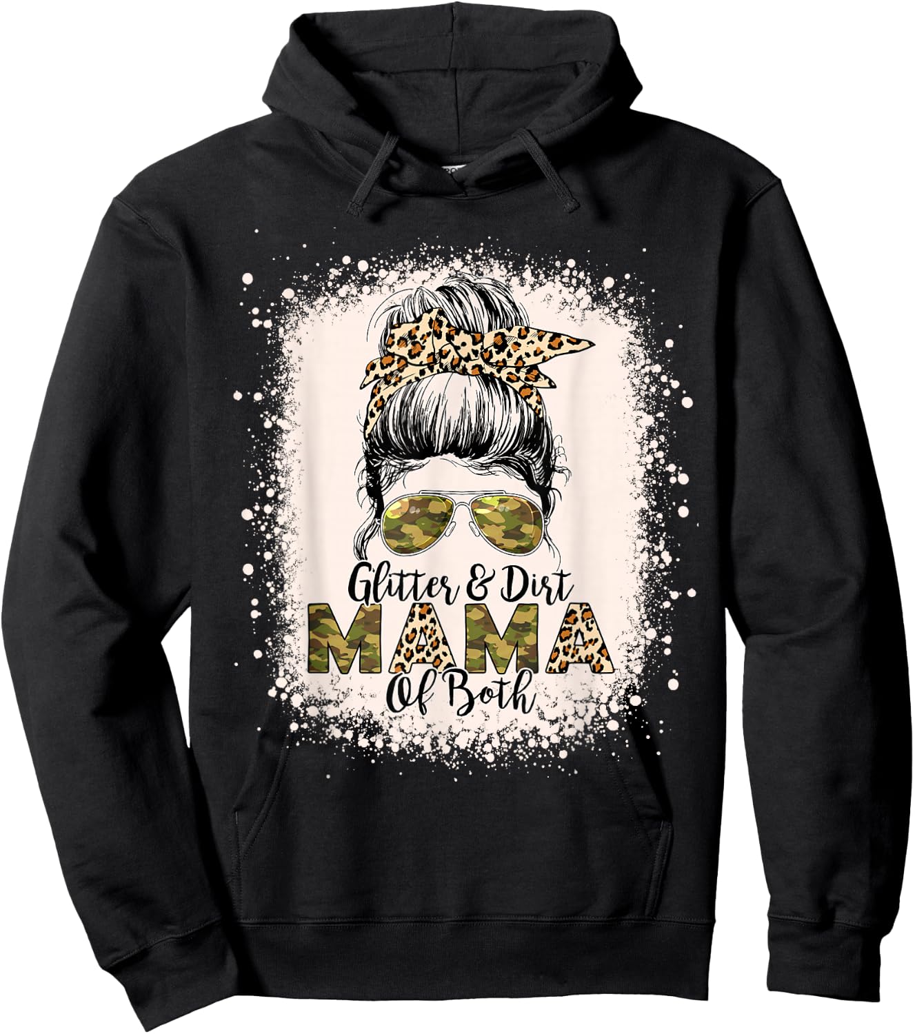 Glitter & Dirt Mama of Both Leopard Camo Messy Bun Bleached Hoodie - Hoodie | Black