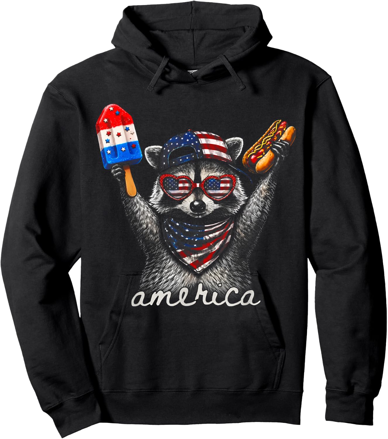 America Raccoon Ice Cream & Hot Dog 1776-2026 4th of July Hoodie - Hoodie | Black