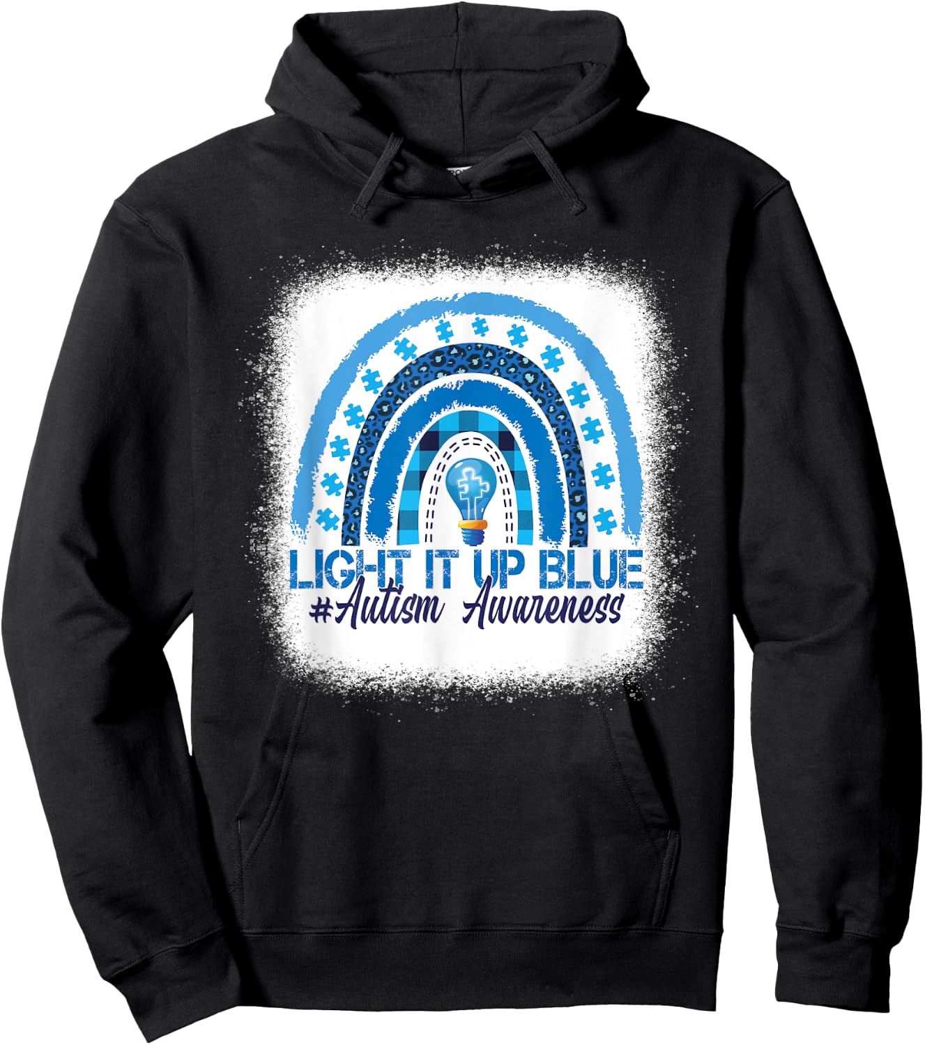Light It Up Blue Rainbow Bleached Autism Awareness Hoodie - Hoodie | Black