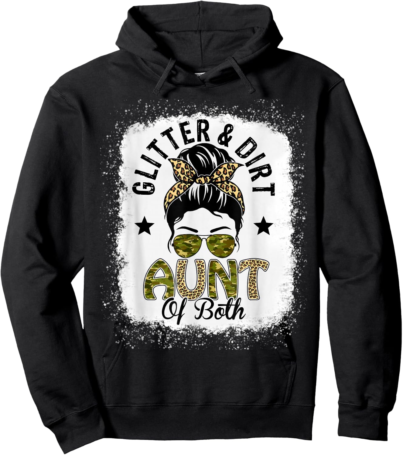 Aunt Of Both Messy Bun Leopard Camo Bleached Mother's Day Hoodie - Hoodie | Black